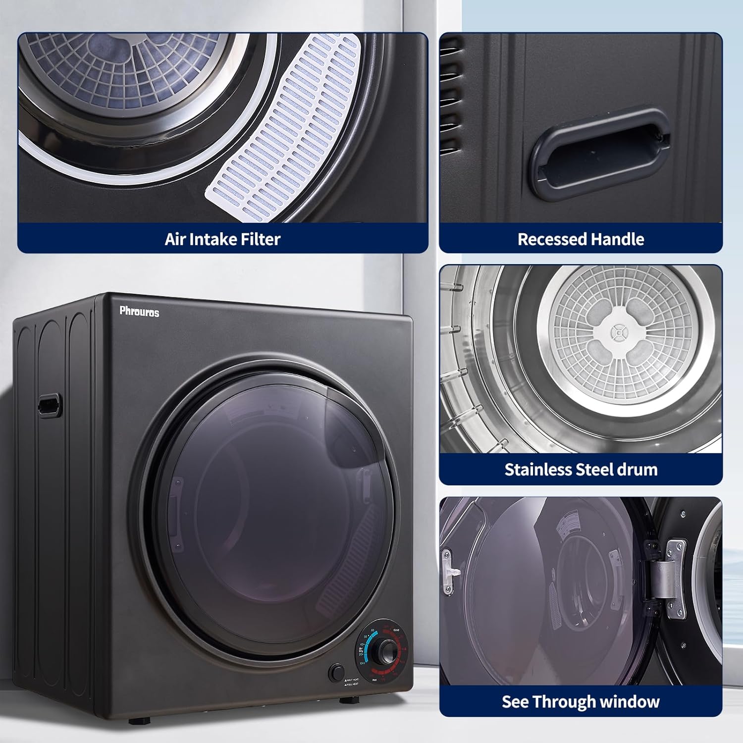 Portable Dryer for Laundry 3.5 cu.ft, 1500W Compact Dryer for Apartment, Front Load Laundry Dryer Machine with Stainless Steel Tub & 4 Automatic Drying Mode, RVs, Dorms, Black