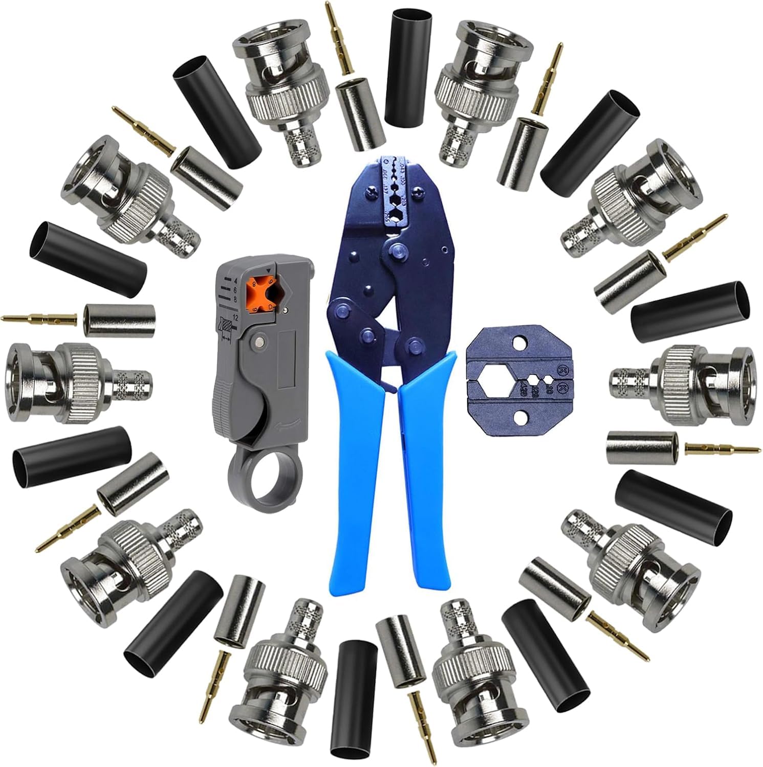 Kit con Connettori BNC RG58 e Pinza Crimpatrice con Maschere Intercambiabili & Spellacavi Coassiale | 10 pcs Connettori BNC Maschio a Crimpatura e Pinza Crimpatrice BNC per Installazioni CCTV, Satelli