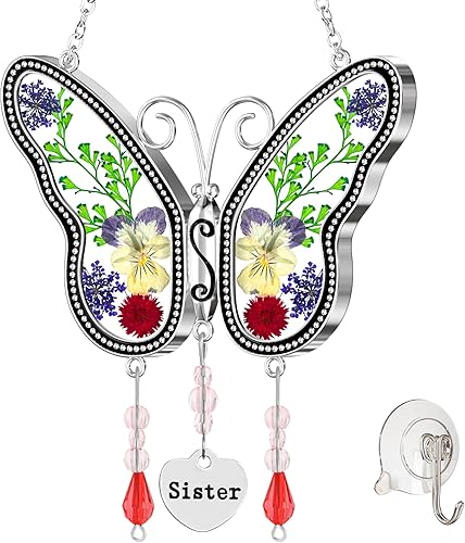 KUNDGLA - Atrapasoles con diseño de mariposa para hermana, vitral, con alas de flores prensadas incrustadas en vidrio con ribete de metal, dije de