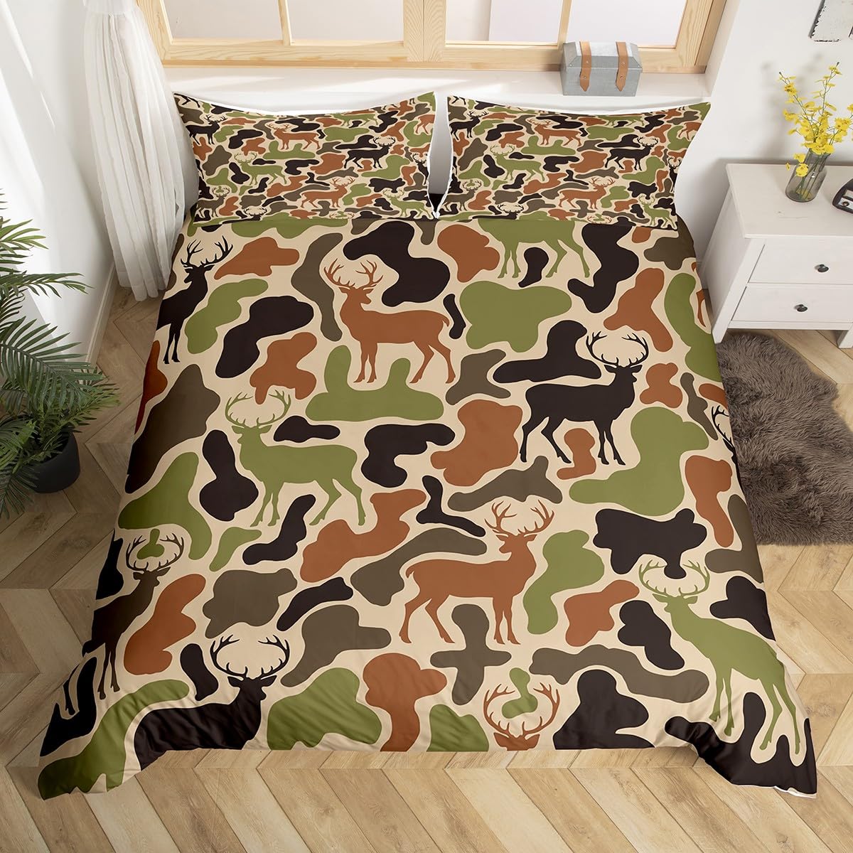 Loussiesd Kids Camo Deer Bedding Set Double Size Deer Hunting Comforter Cover for Girls Bedroom Decor Antlers Duvet Cover Breathable Soft Women Men Western Farmhouse With 2 Pillow Case