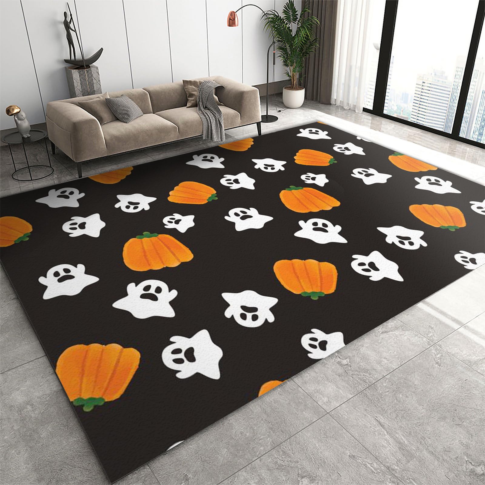 FIEMAR Area Rug 160 x 230 cm White Ghost Orange Pumpkin Area Carpet, Cartoon Black Printed Rugs, Non-slip and Washable, Machine Washable, Suitable for Halloween Living Room Dining Room Laundry Room โ image 1