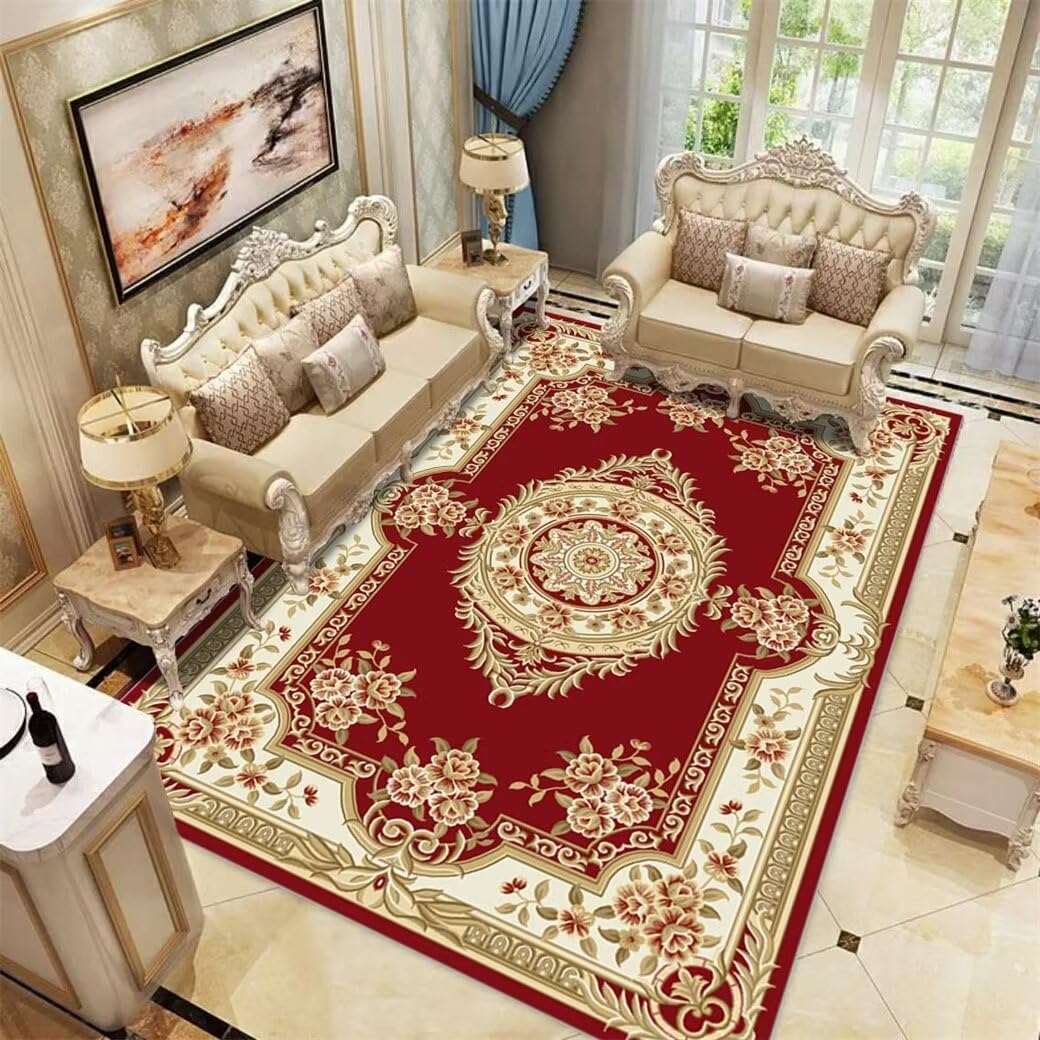 Tapis poil court rouge 100x210cm grand format vintage anti-poussière pour salon et chambre
