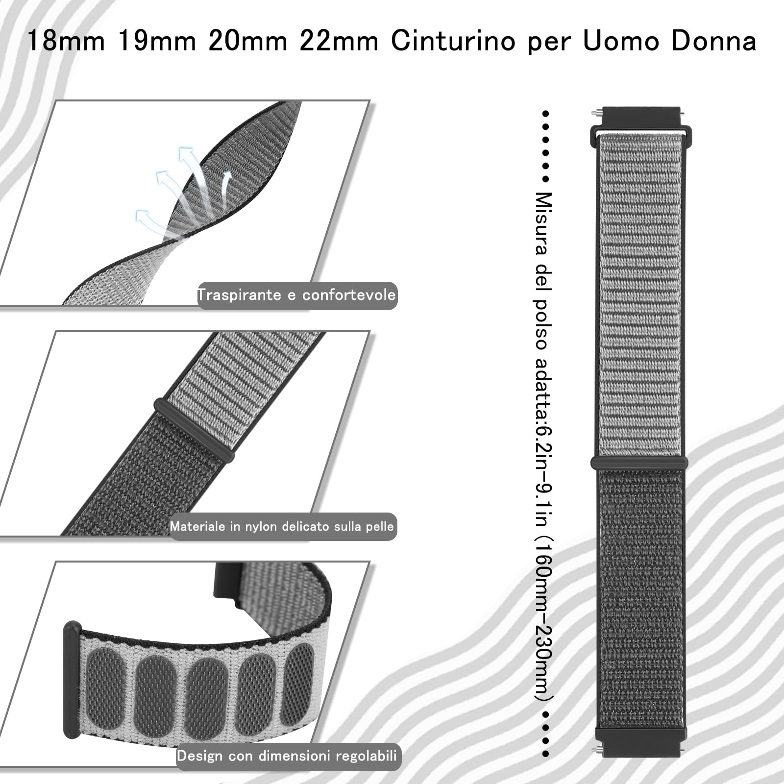 TumCez 18mm 19mm 20mm 22mm Cinturino per Uomo Donna,Regolabile Sgancio Rapido Cinturini Orologio in Nylon per Samsung/Garmin/Fossil/Amazfit/Huawei Orologio