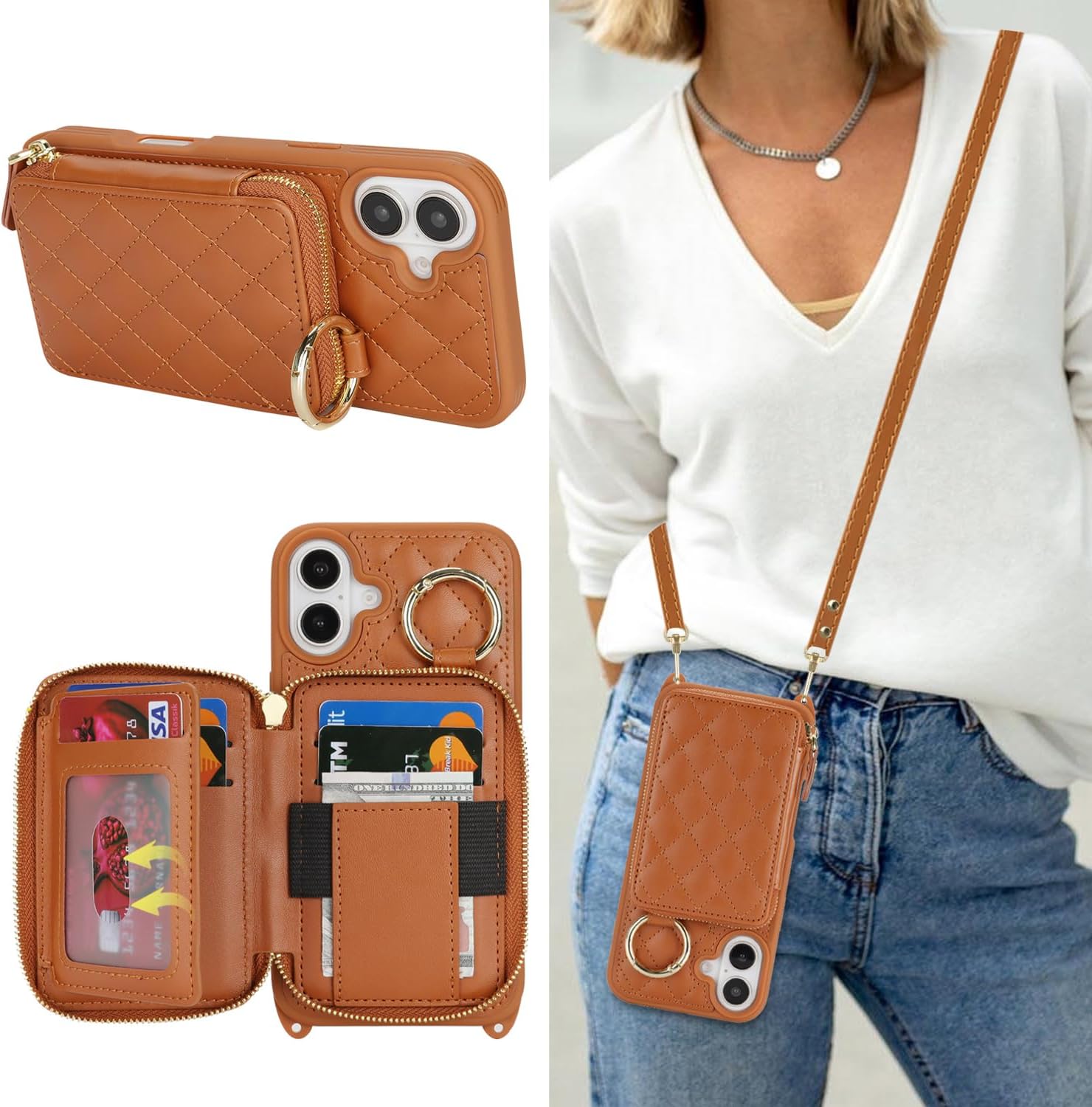 Hamany Crossbody Wallet Case for iPhone 16 Plus, PU Leather Zipper Handbag Purse Flip Cover, Kickstand Folio Case with Card Slots Holder Wrist Strap Lanyard 5G 6.7 Inch-Brown