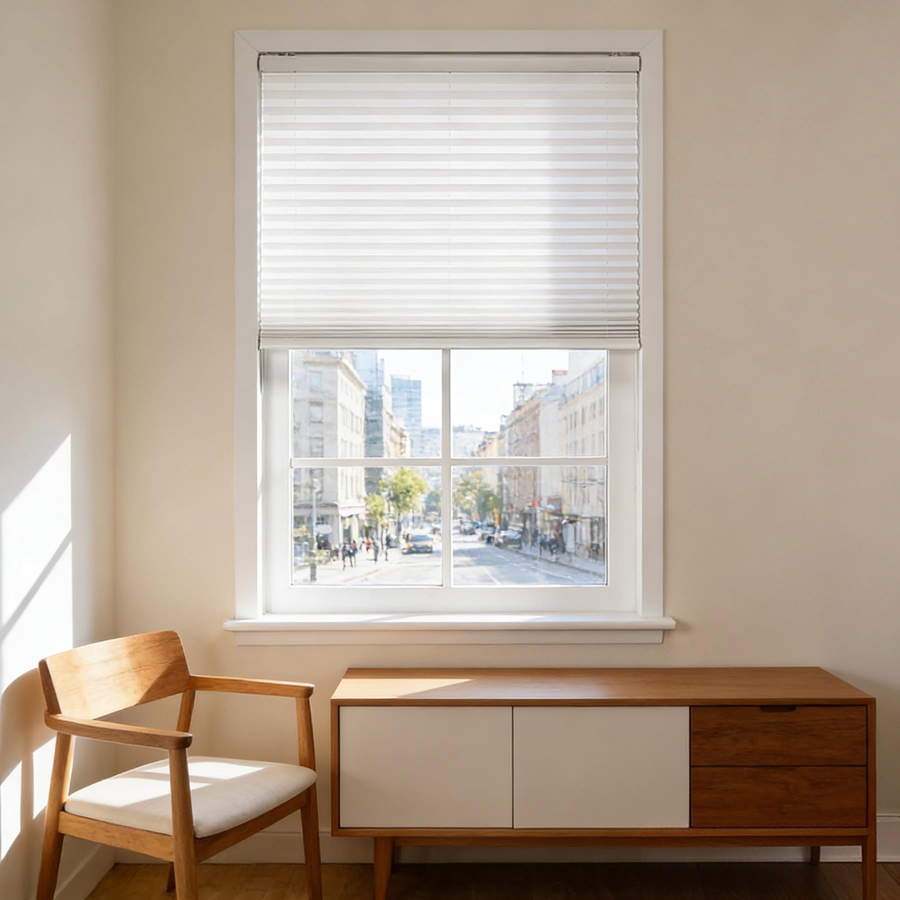 No Drill Blinds 57 x 100 cm Blackout, Easy to Fit, Self Adhesive, No Drill, with Clips, Thermal, Privacy Protection Pleated Temporary Shades for Windows, Doors, Terraces, White