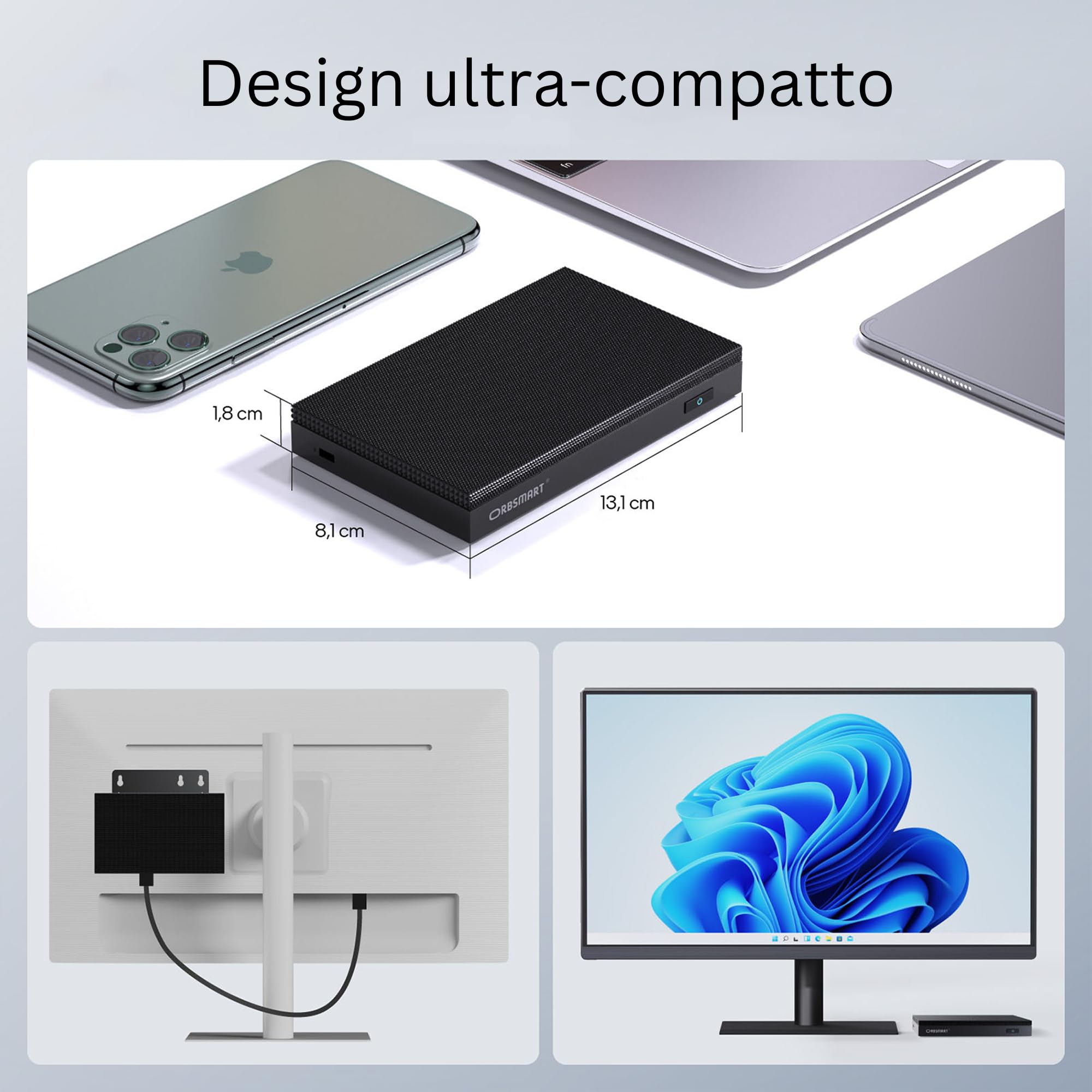 Orbsmart AW-16L Mini PC Silenzioso (Fanless) con Windows 11 Pro | Quadcore N150 CPU, 8GB RAM, 256GB eMMC | Supporto 4K, WiFi 6, Bluetooth 5.2, Computer per Smart Working e Casa