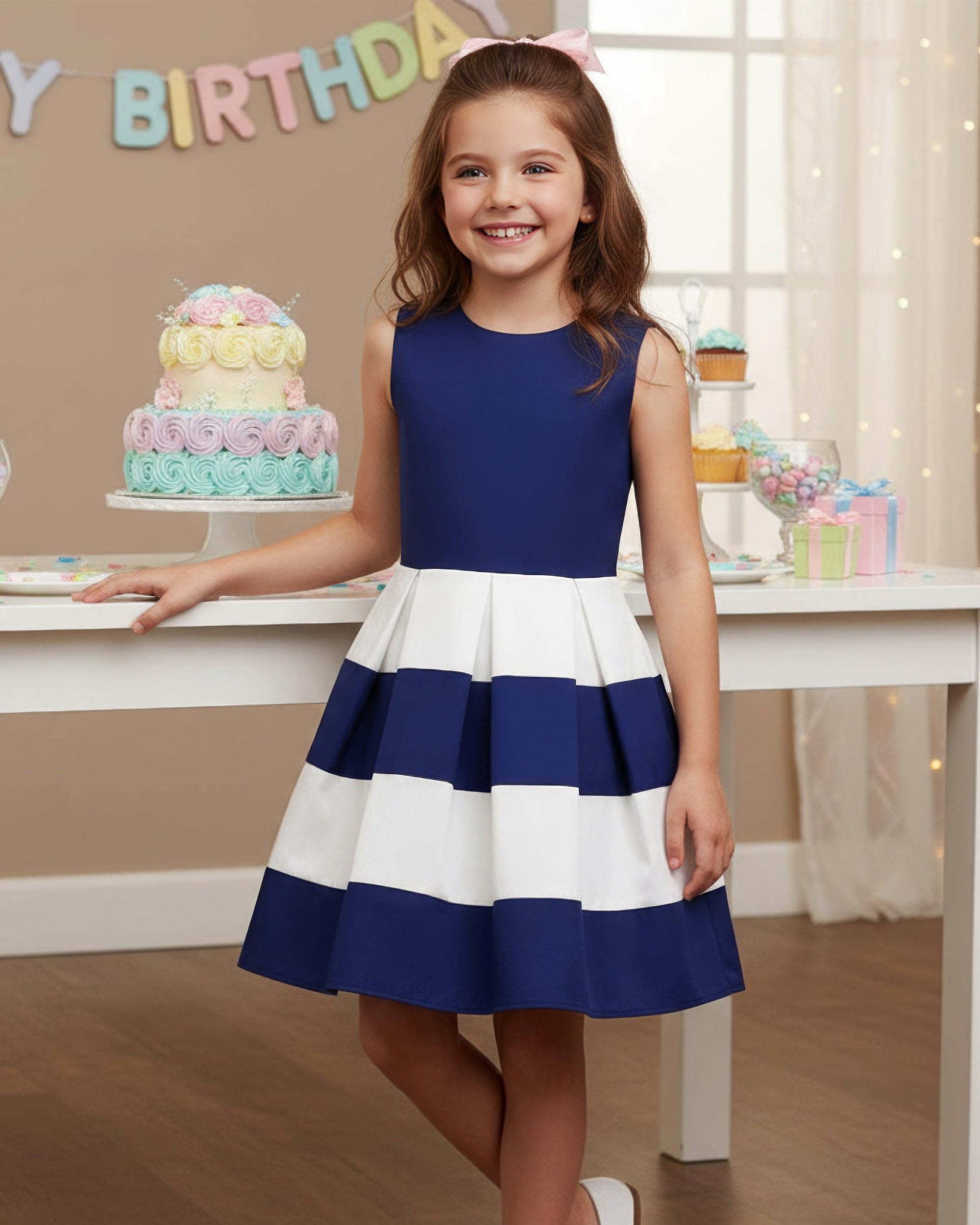 BlackButterfly Vestito Bambina Lilly a Righe | Gonna a Pieghe, Bicolore, Senza Maniche, Scollo Tondo, Foderato, Zip Dietro, 3-14 Anni