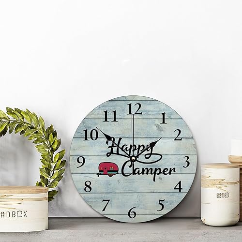 Miniatura 6 de ArogGeld Happy Camper - Reloj de pared de madera vintage azul, 10 relojes silenciosos de cuarzo sin tictac, funciona con pilas, para sala de estar,