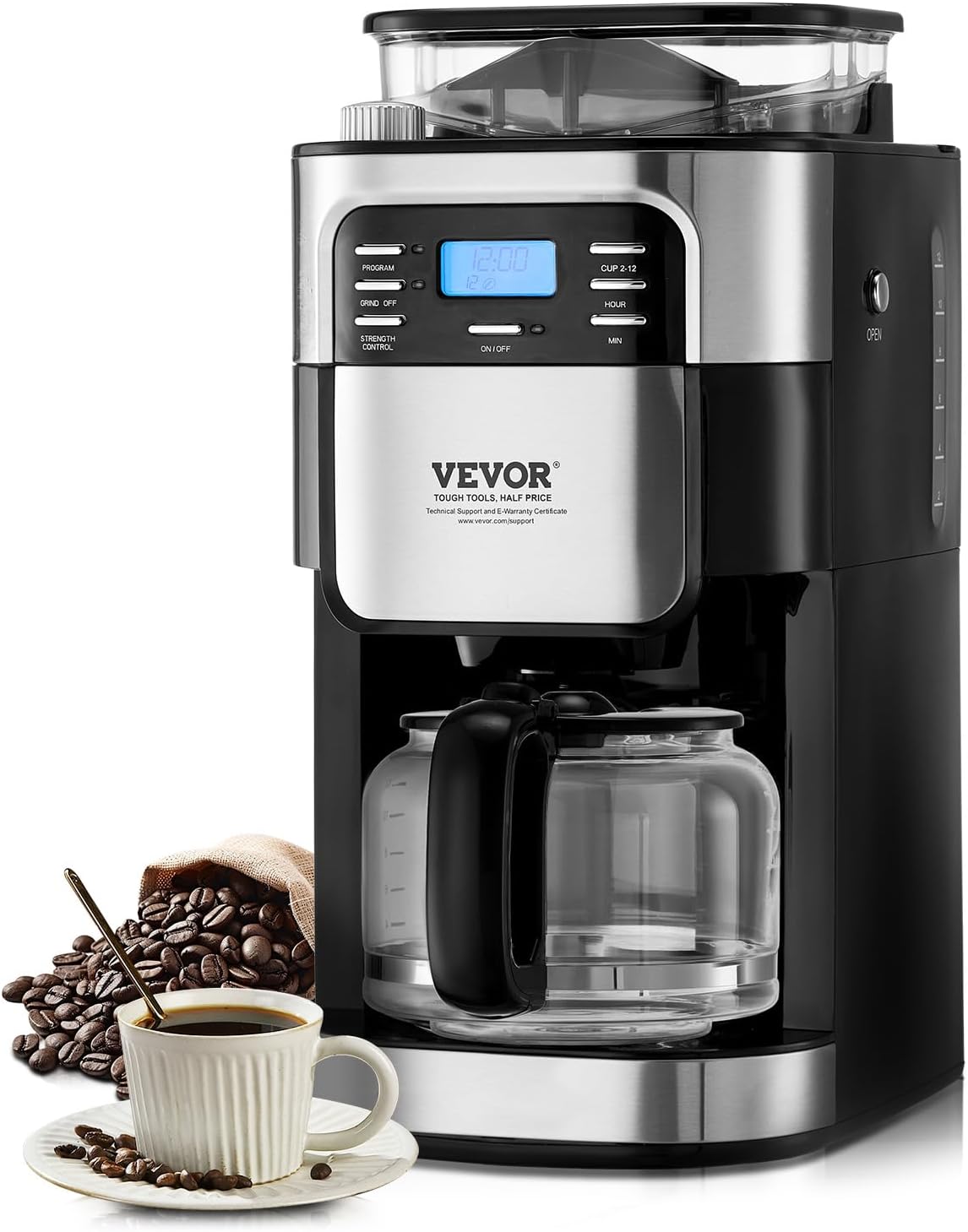 VEVOR Coffee Maker With Grinder, 12 Cup Coffee Machine, Grind and Brew With 3 Strength Control, 24-Hour Timer for Auto Brew, for Home Office Restaurant