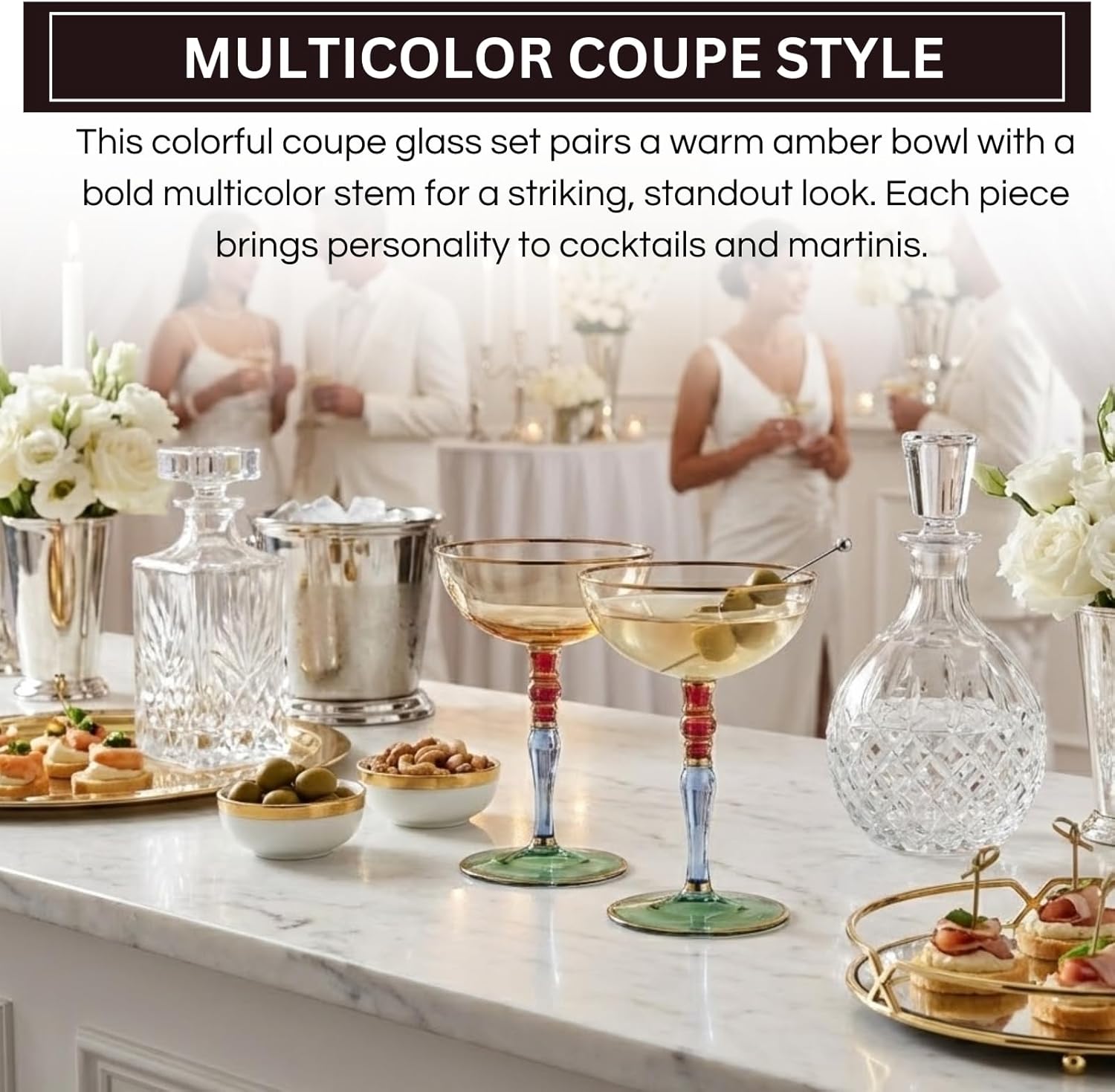 Italian Design Renaissance Amber Cocktail, Martini & Champagne Coupe Glasses (Set of 2) – 7.8oz Gilded Vintage Artisan Saucers, Elegant Wide-Bowl Multicolor Gold Rim Stemware, Weddings & Luxury Gifts