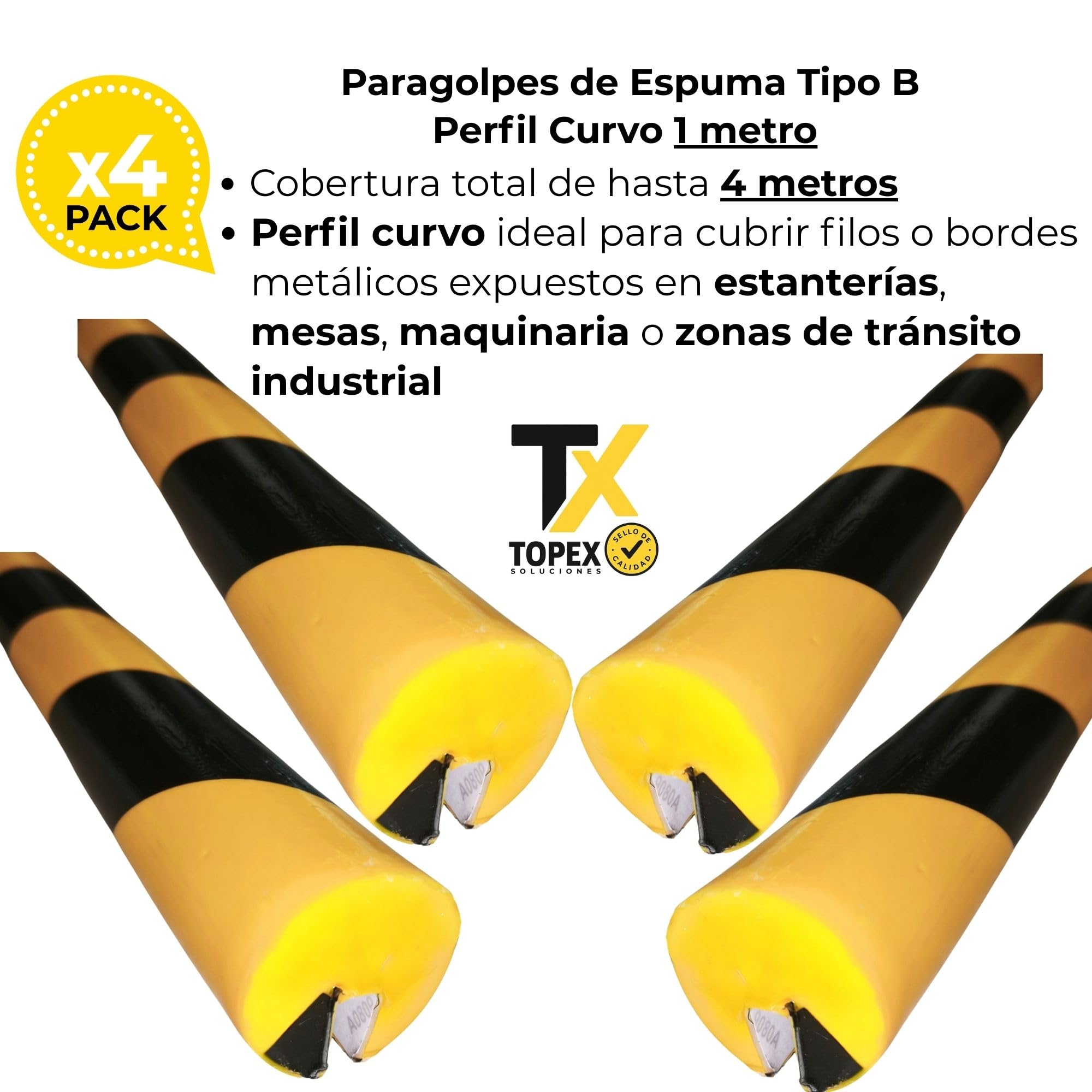 Protector Bordes Metal Tipo B – Paragolpes Espuma Amarillo Negro Ø40 mm – Perfil Curvo 1 m – Sin Adhesivo – Pack 4