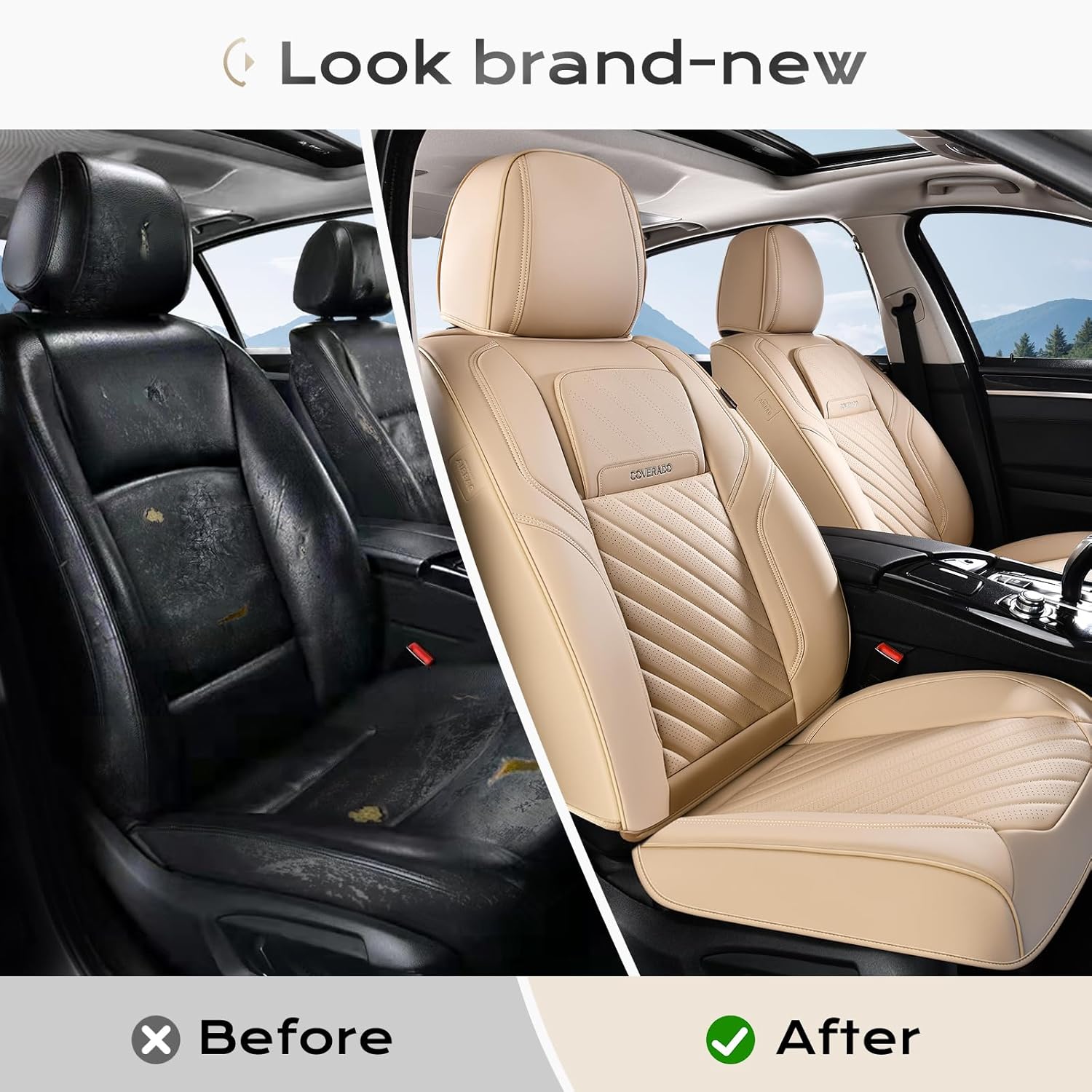 Coverado Car Seat Covers Front Set, Luxury Nappa Leather Seat Covers Universal Fit Waterproof Non-Slip Breathable Automotive Seat Protectors for Cars, SUVs, Trucks