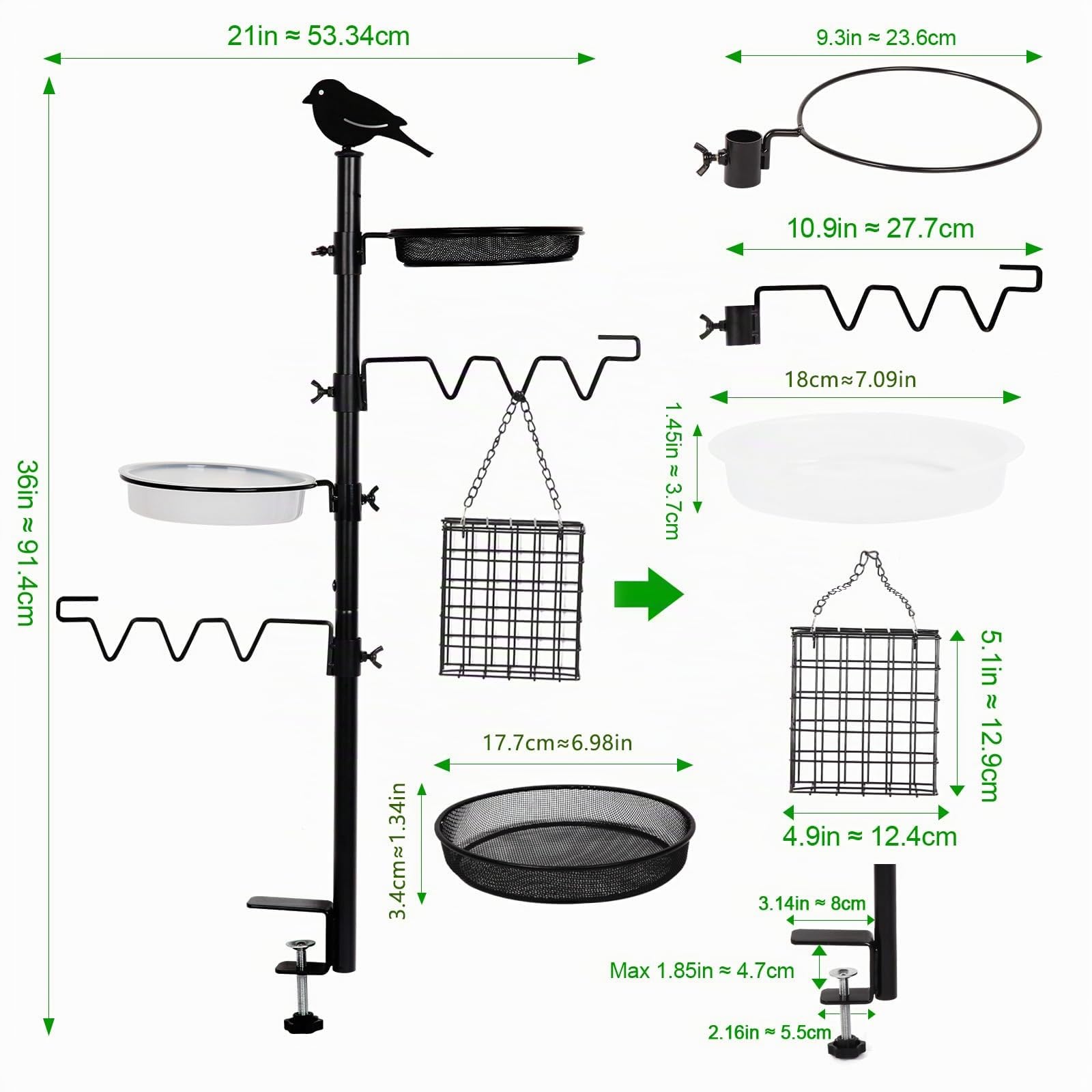 HRAYLTOP Le Distributeur de Nourriture pour Oiseaux Suspendu et Abreuvoir pour Oiseaux,avec Hauteur 92 cm,Support de Balcon en métal 2 en 1, Bain d'oiseaux,Noir