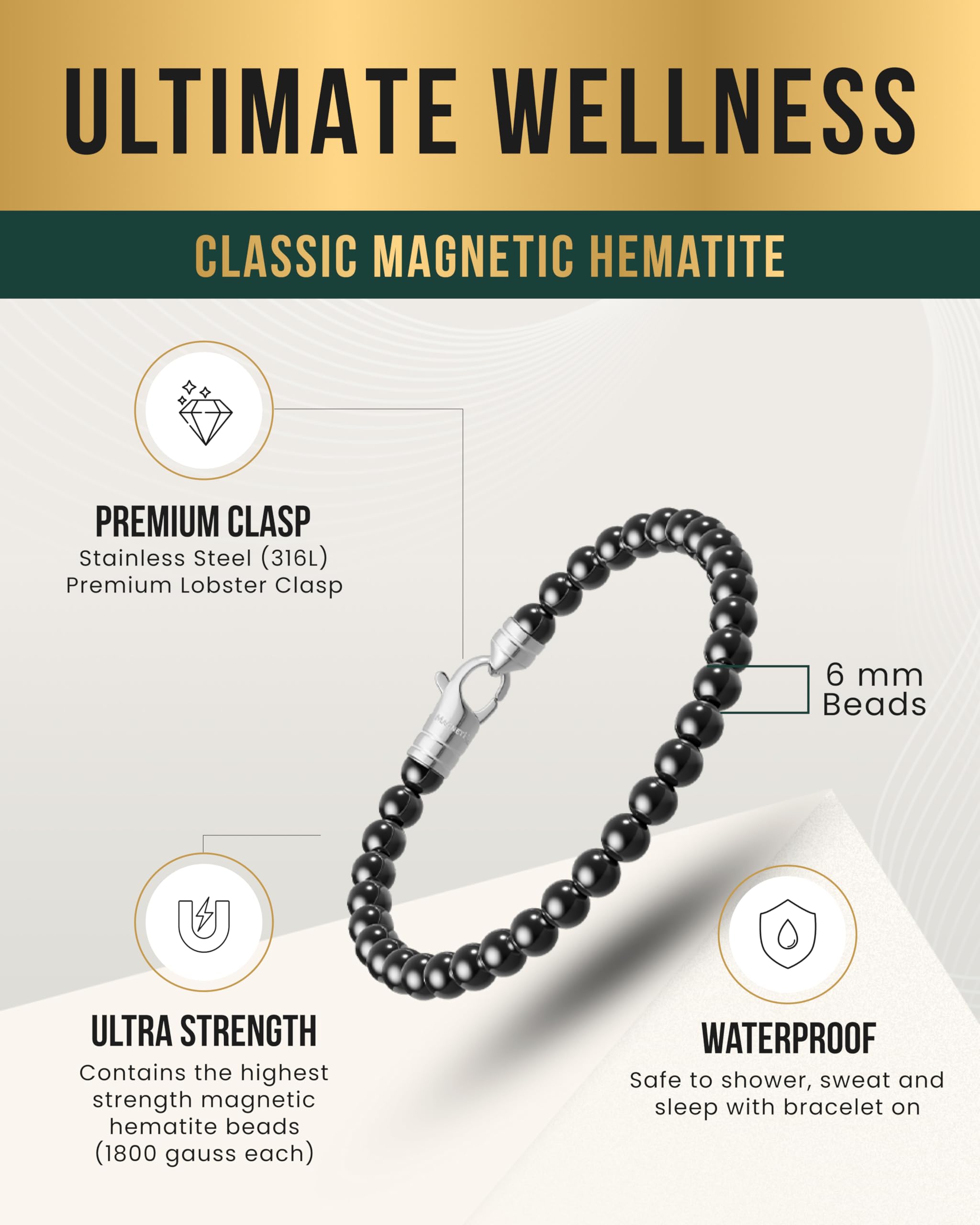 MagnetRX Bracelet Magnétique en Hématite, Force Maximale, Bracelet de Perles Magnétiques pour Homme et Femme, Style Classique Petit
