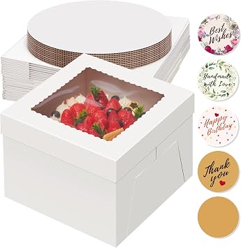 Kootek 10 Sets Cake Boxes with Cake Boards, 10x10x8 Inch White Tall Cardboard Containers for Multi-Layer Desserts, Perfect for Decorating, Mothers Day & Bakery Use