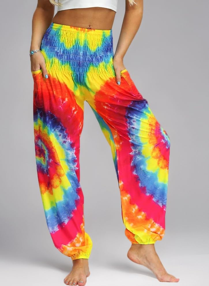 Nuofengkudu Women's Hippie Harem Trousers Smocked High Waisted Pockets Cuffed Yoga Pants