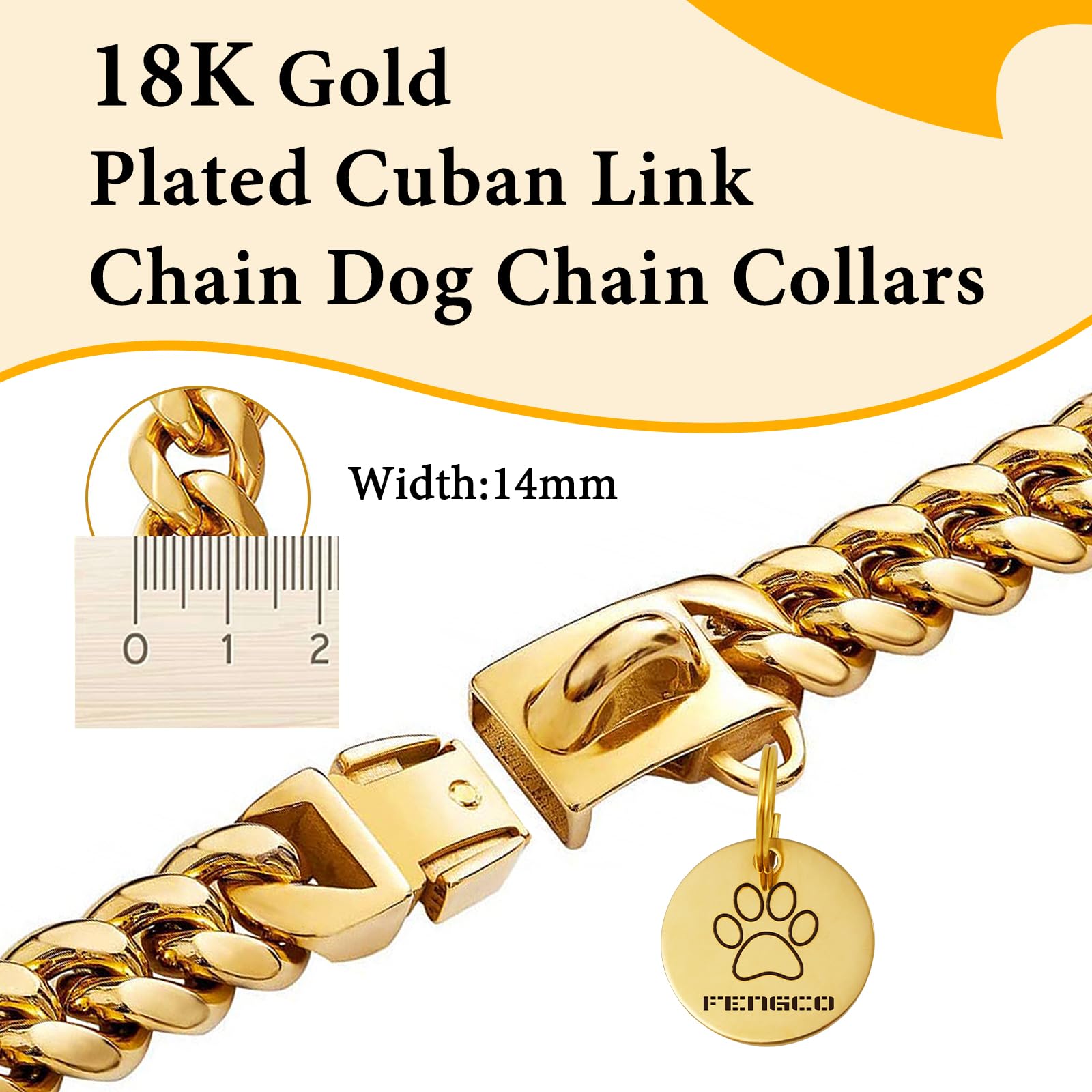 Gold Dog Chain Collar with Dog Tag Pendent Metal Chain Collar Necklace18K Gold Plated Stainless Steel Pet Cuban Links Collars for Dogs(14inch) - Image 2