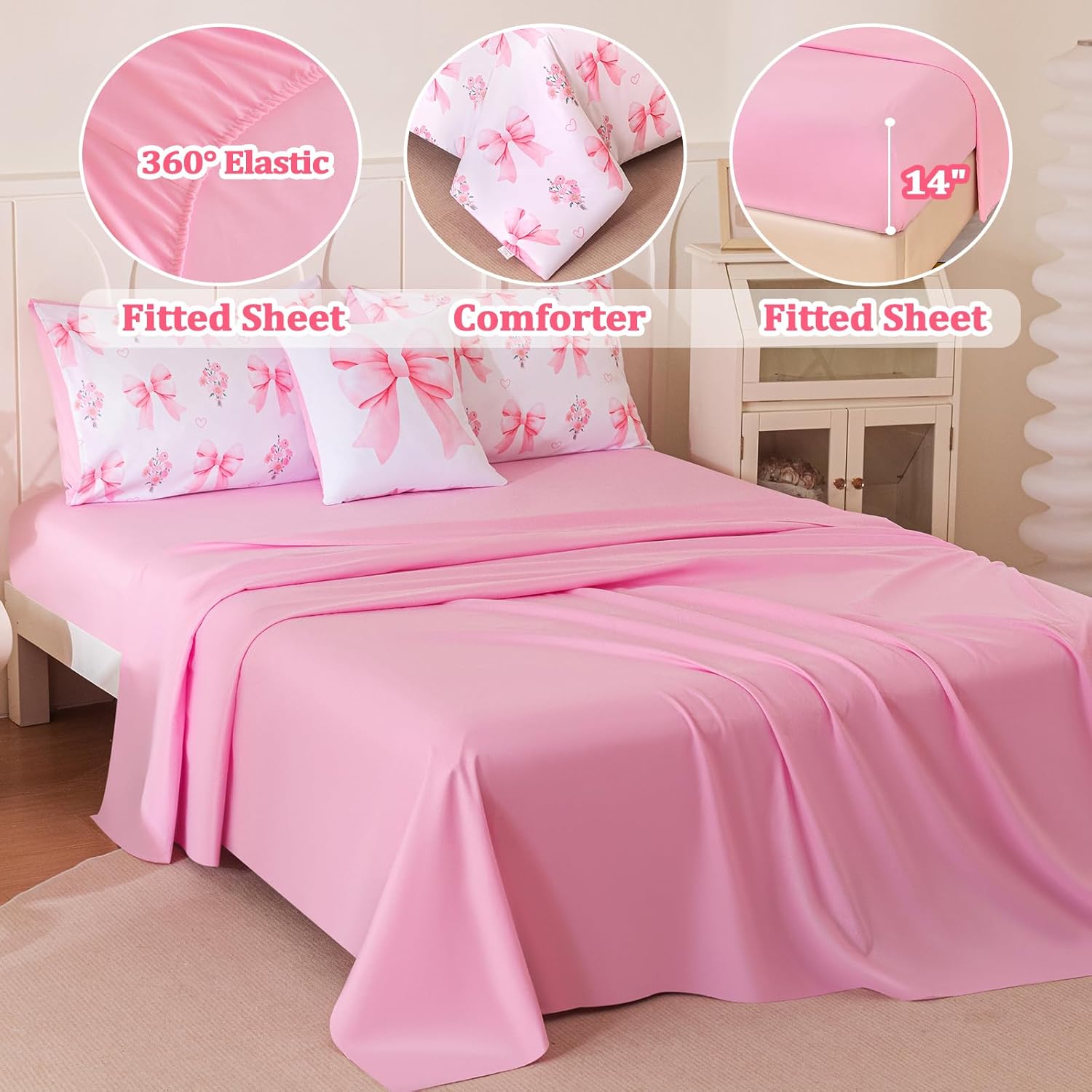 Full Size Comforter Sets Bed in A Bag for Girls,6 Pcs Pink Bow Comforter Set,Bow Bedding Sets with Sheets for Kids