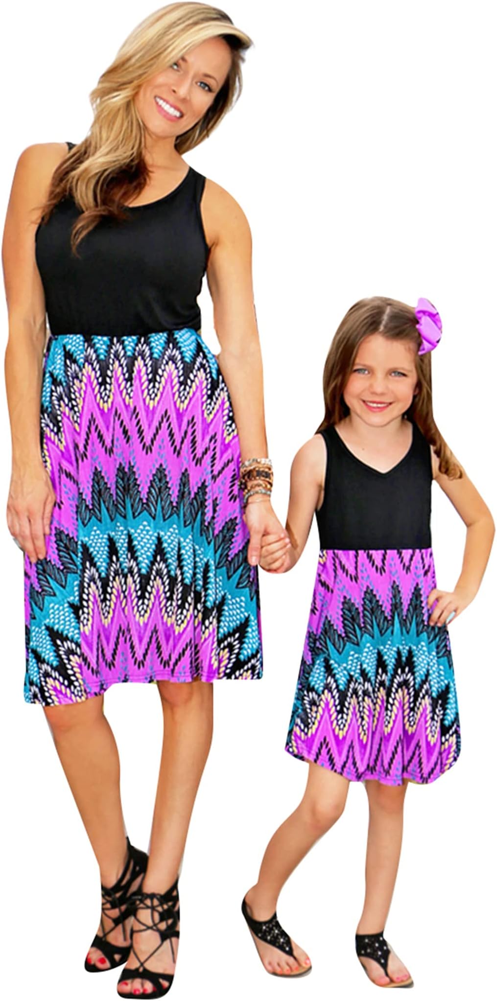OMZINMommy and Me Dress Matching Outfits Floral Printed Sleeveless Short Sleeve Tank Maxi Dress