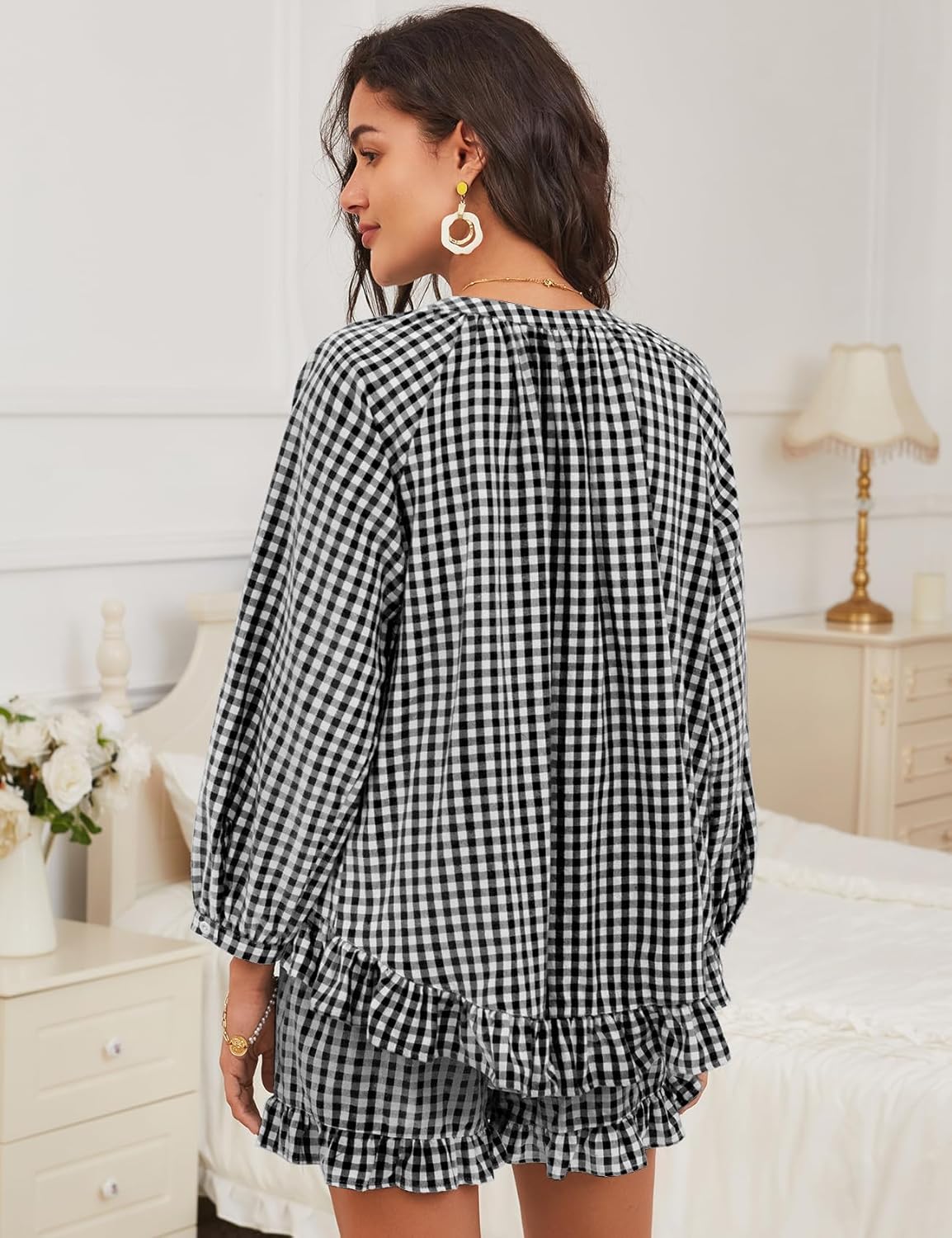 Flygo Women Gingham 2 Piece Pajama Sets Y2K Plaid Ruffle Short Sets Raglan Sleeve Shirt Lounge Shorts Sleepwear with Pockets - Image 5