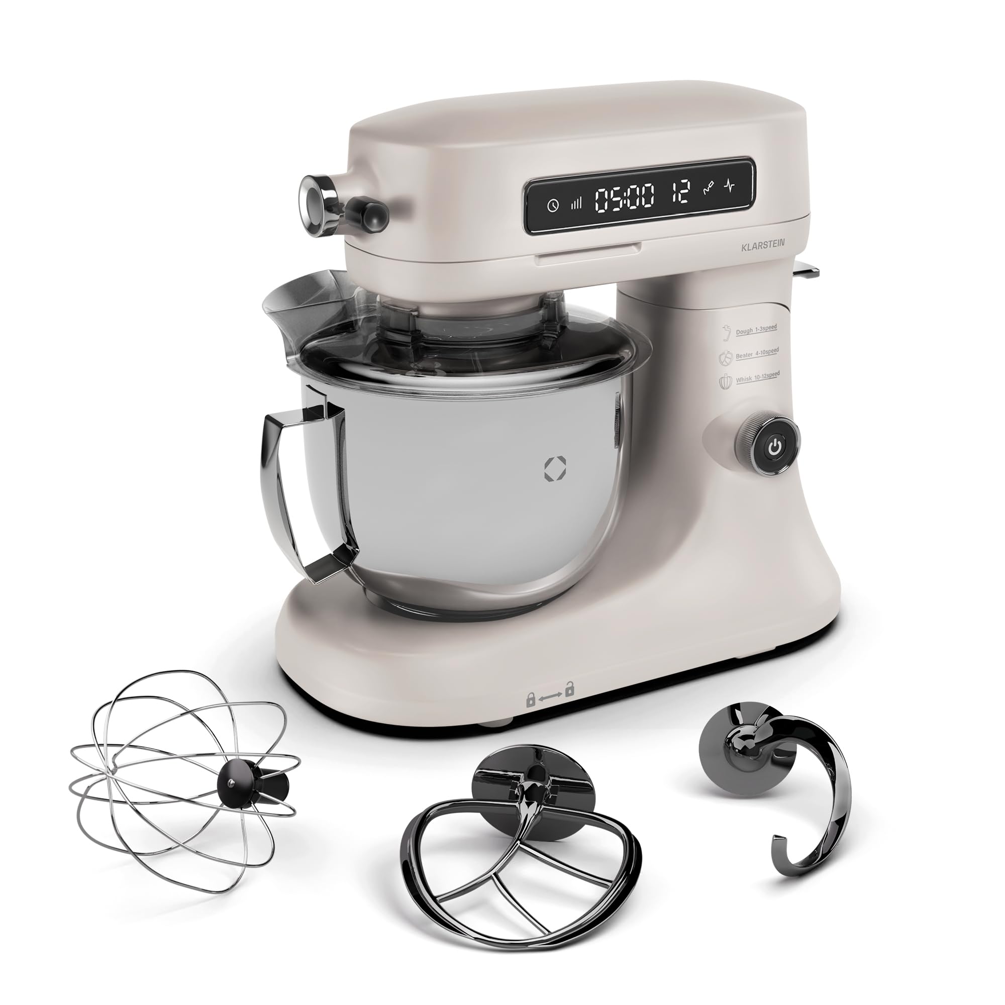 Klarstein Chiara - Robot da Cucina, 1600W–Ciotola da 5L in Acciaio Inox, 12 Velocità, Display LCD Touch, Silenzioso ≤72dB, Set Lavabile in Lavastoviglie, Alloggiamento in Alluminio Pressofuso, Sabbia