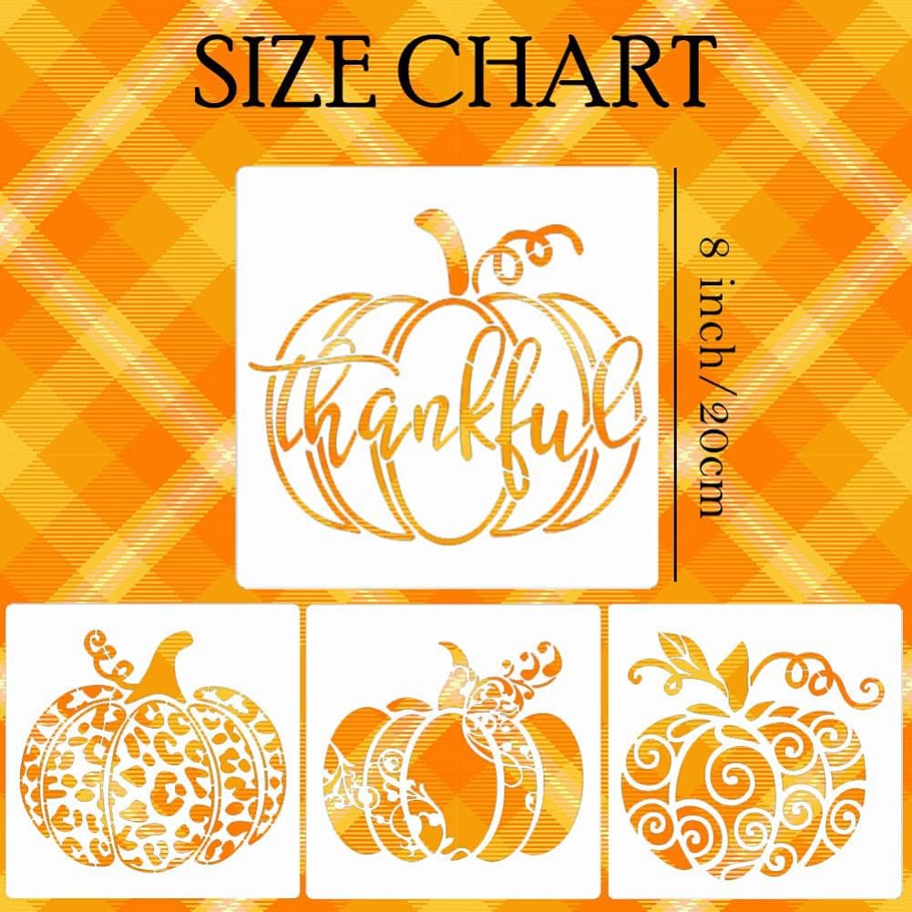 Paquete de 8 plantillas de pintura de calabaza para pintar sobre madera, plantillas temáticas de otoño de Acción de Gracias de 8 pulgadas con citas de cosecha, plantillas de PET