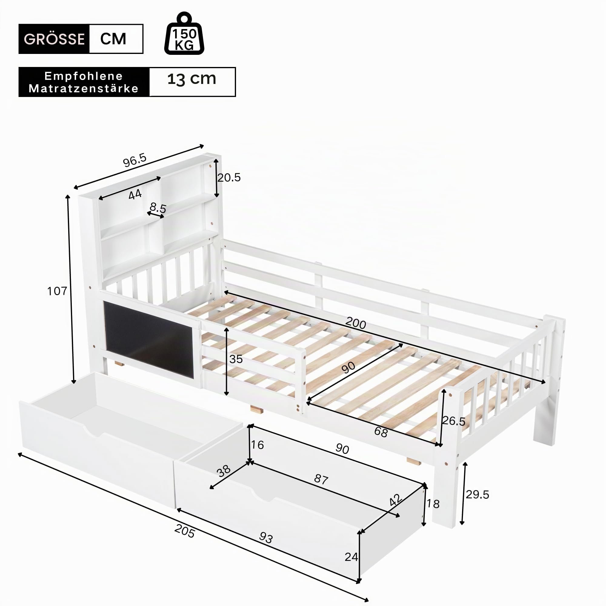Kinderbett 90x200cm, Einzelbett mit 2 Schubladen und Tafel, Kopfteil mit Bücherregal, Kinder Bett mit Rausfallschutz und Lattenrost, Holzbett Funktionsbett Jugendbett Bettgestell, Ohne Matratze, Weiß
