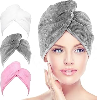 AIDEA Microfiber Hair Towel Wrap for Women, 3 Pack 10 inch X 26 inch, Super Absorbent Quick Dry Hair Turban (Gray+Pink+White)