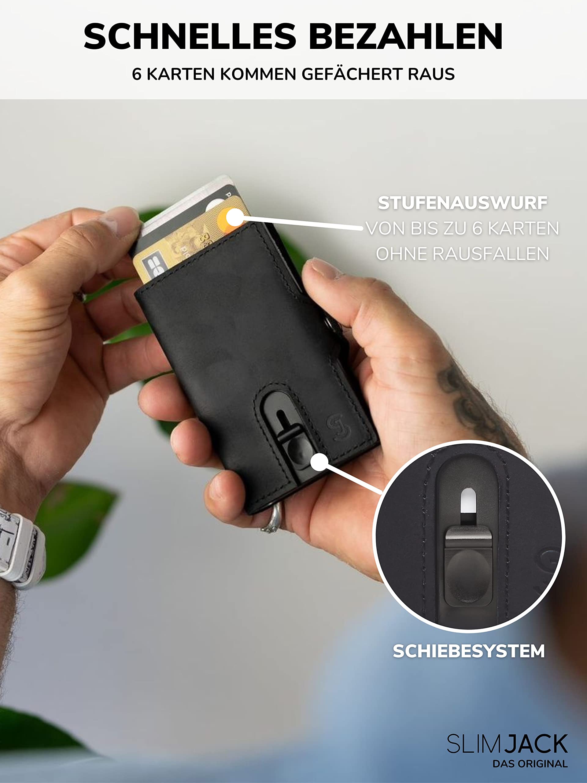 SLIMJACK Smart Wallet mit Gravur Wunschtext - Kreditkartenetui mit RFID-Schutz - Geldbeutel für Herren - Slim Wallet mit Münzfach - Smart Wallet für Karten & Münzen - Schwarz