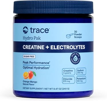 Trace Minerals Creatine + Electrolytes, Orange Mango, 30 Servings | 5 g creatine monohydrate per serving, 70+ ionic trace minerals, Supports muscles and brain, Mix 1 scoops with 8-12 oz water