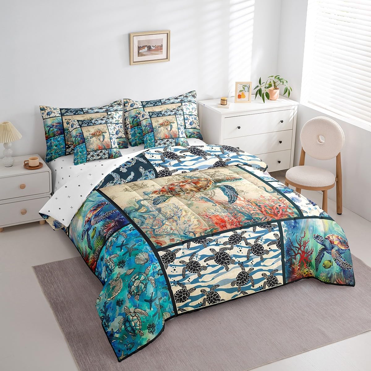Erosebridal Octopus Bed in a Bag Queen Size,Kids 3D Sea Turtle Crab 7 Pcs Comforter Set,Boys Tortoise Nautical Bed Set,Girls Ocean Life Patchwork Sheet Set,Underwater World Reversible Bedding Set