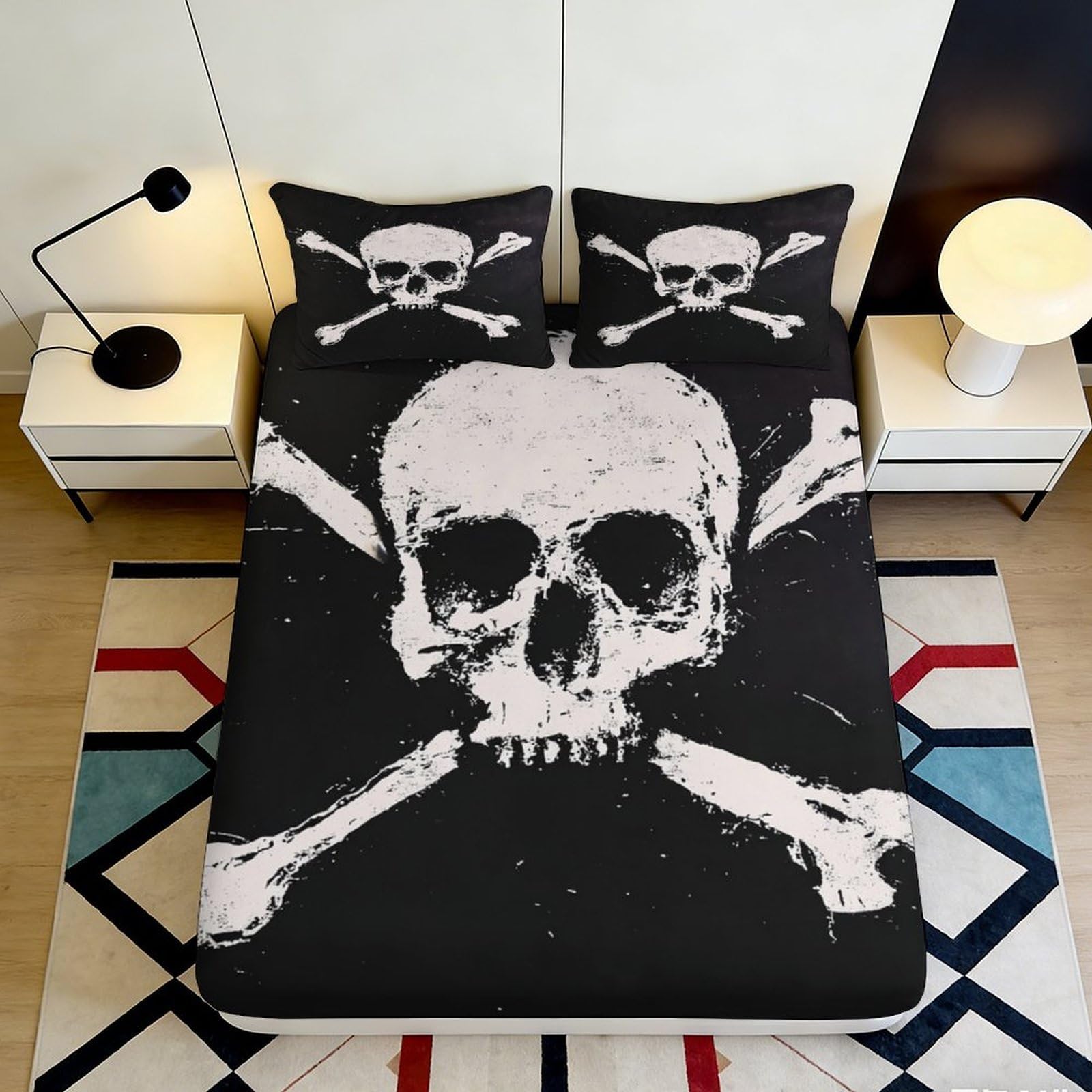 3D Printed Skull Crossbones Fitted Sheet Microfiber Soft Black Gothic Bed Sheet Decor for Bedroom Guest Room 90x200x25cm