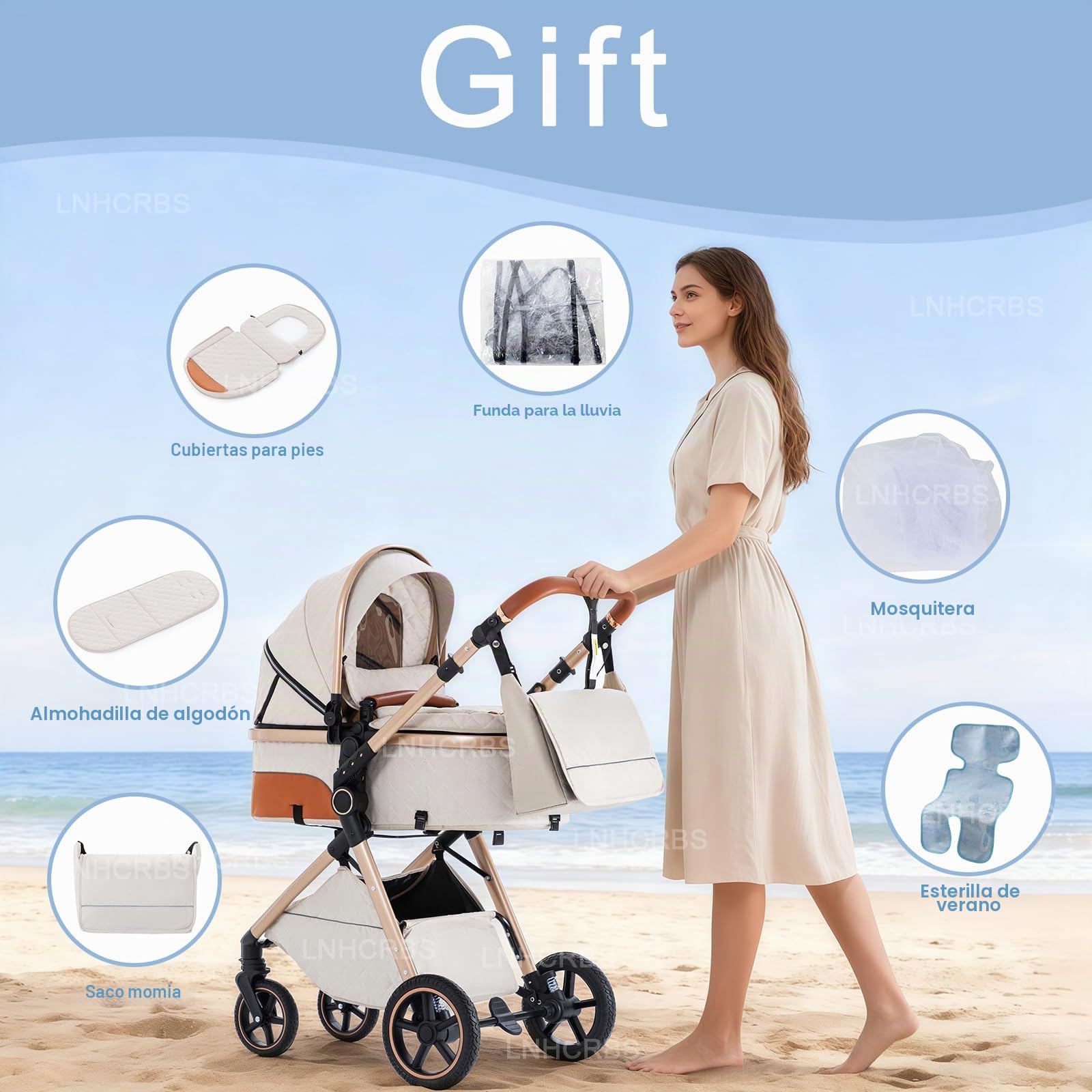 Cochecito 3 en 1, Cochecito Compacto con Mosquitera y Cubierta para la Lluvia, Silla de Paseo Ligera con asa Ajustable, Ruedas de PU, Adecuado de 0-3 Años,Beige