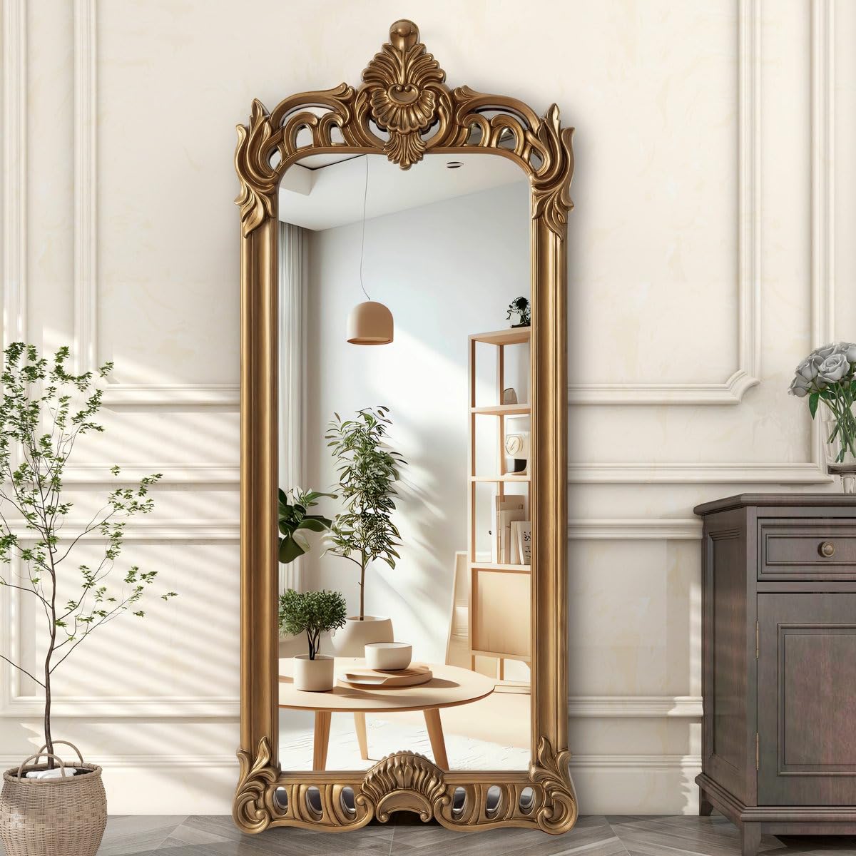 Hand-Carved Full Length Floor Mirror with Ornate Wooden Frame, Antique Gold Finish Premium Vintage Dressing & Decorative Mirror for Bedroom, Living Room & Hallway (63x26 inches)-image-44