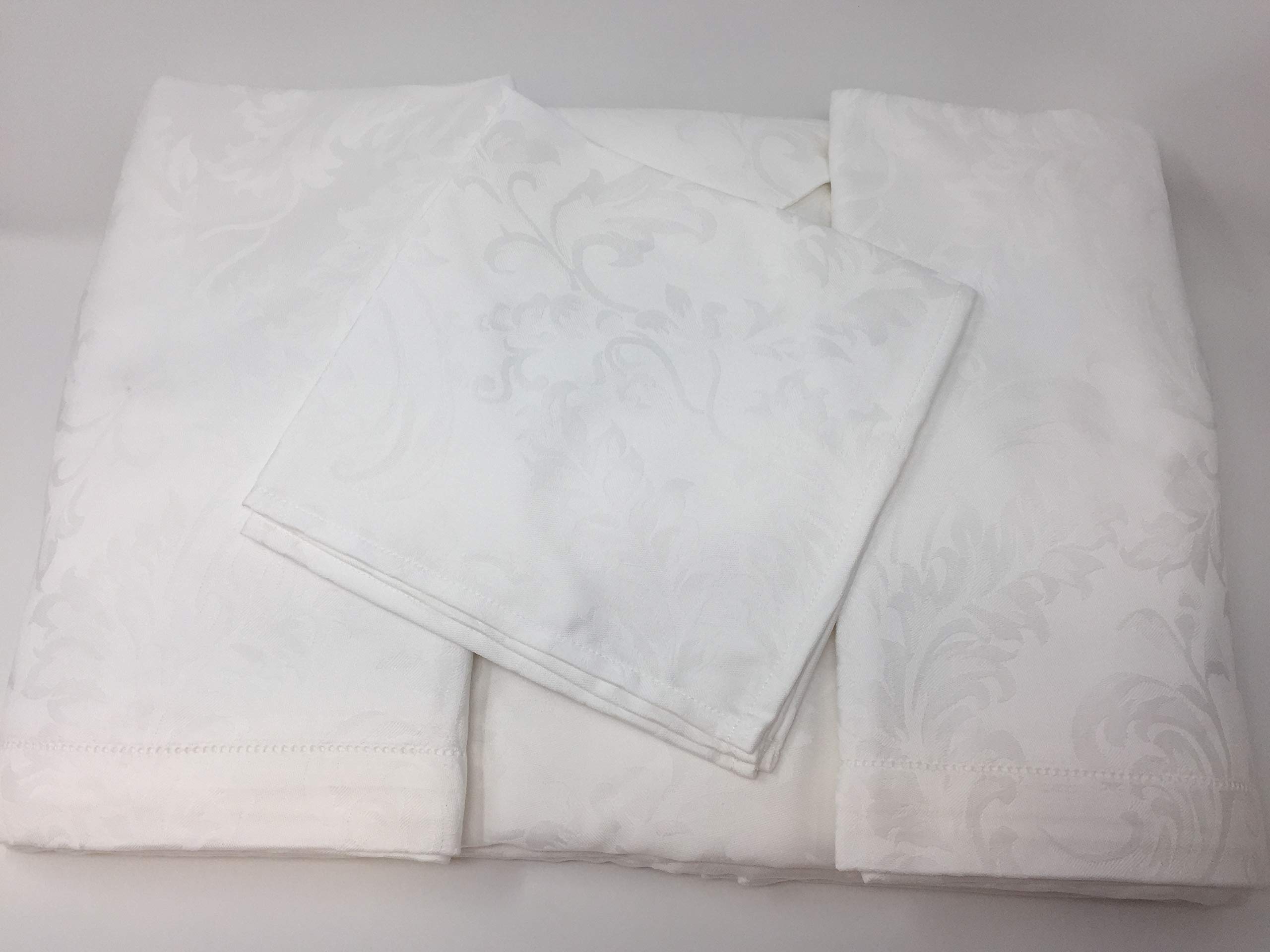 Elegante Tovaglia da tavola in Puro Damasco di Cotone Lavorazione Jacquard con Orlo a Giorno Art. Manuela varie misure e colori con tovaglioli (Bianco, Rettangolare x 18 cm. 180x360)