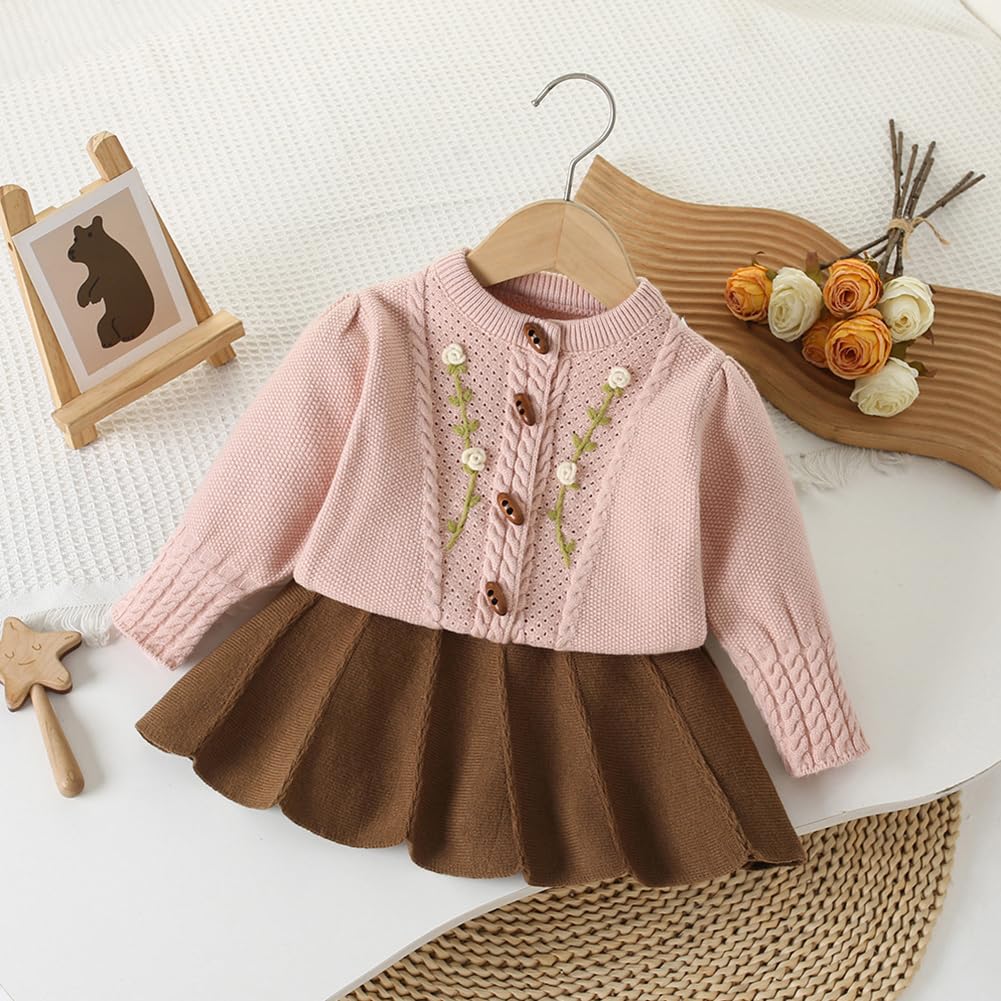OMEWEE Set di maglioni per ragazze Cardigan lavorato a maglia gonna a pieghe per bambini 2 pezzi abiti compleanno ricamo floreale sudore maglione a maniche lunghe gonna midi autunno abbigliamento