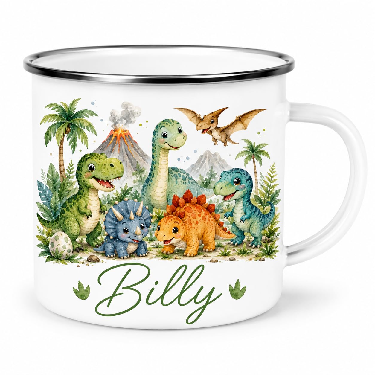 Personalised Children’s Enamel Mug – Toddler’s First Mug – Custom Kids Camping Mug – Cute Animal, Rainbow, Fairy & Princess Designs – Personalised Gift for Boys & Girls (Dino Enamel Mug)