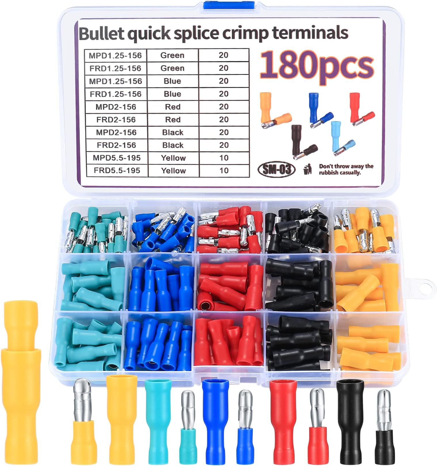 180 Pcs Electrical Crimps Connectors, Insulated Male and Female Bullet Butt Connectors, Wire Terminal Cable Connectors for Electrical udio Wiring Cables