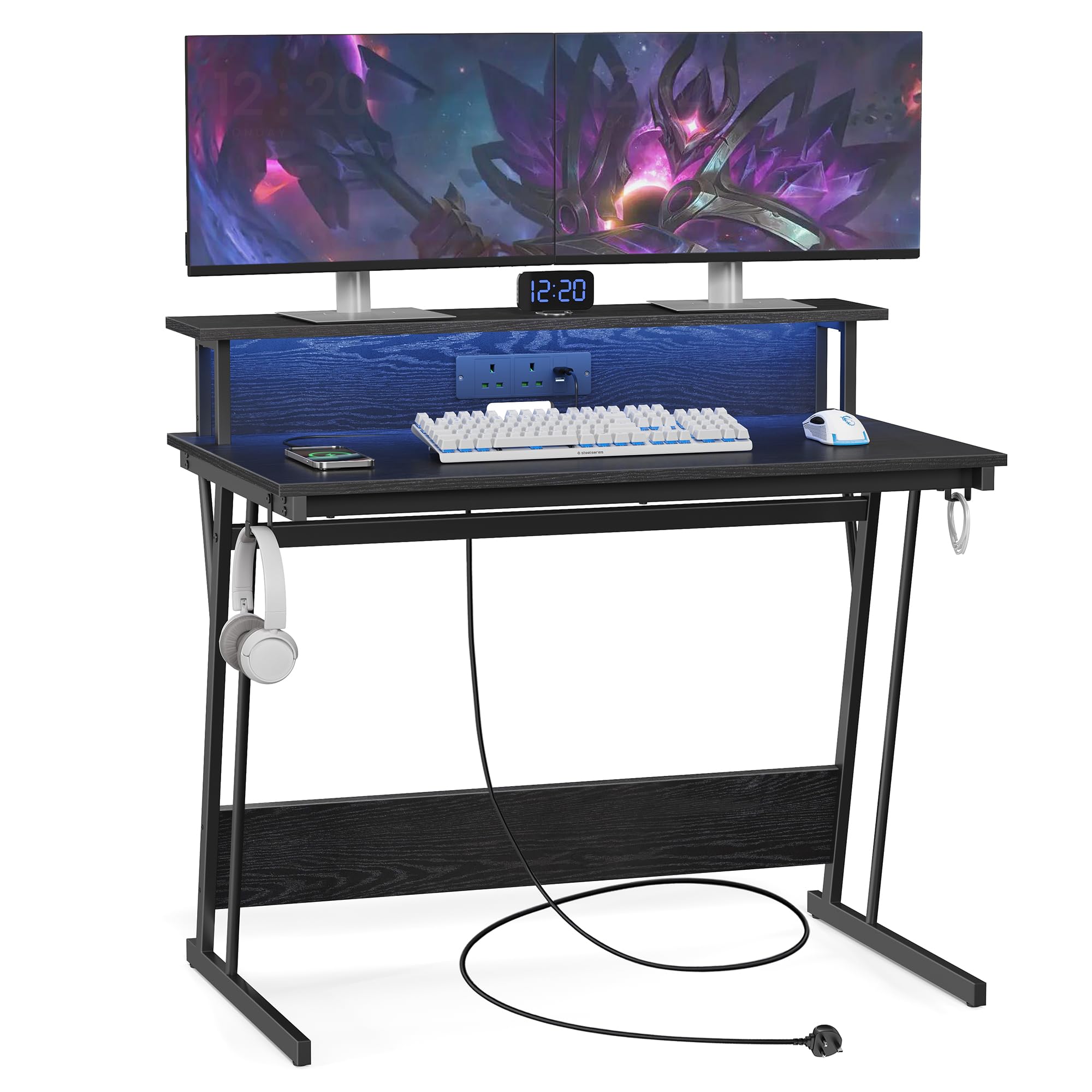 VASAGLE Gaming Desk with LED Lights and Built-In Power Outlets, Computer Desk with Monitor Shelf, Gaming Table for 2 Monitors, Office Desk, for Bedroom, 60 x 100 x 76 cm, Ebony Black LWD291B56