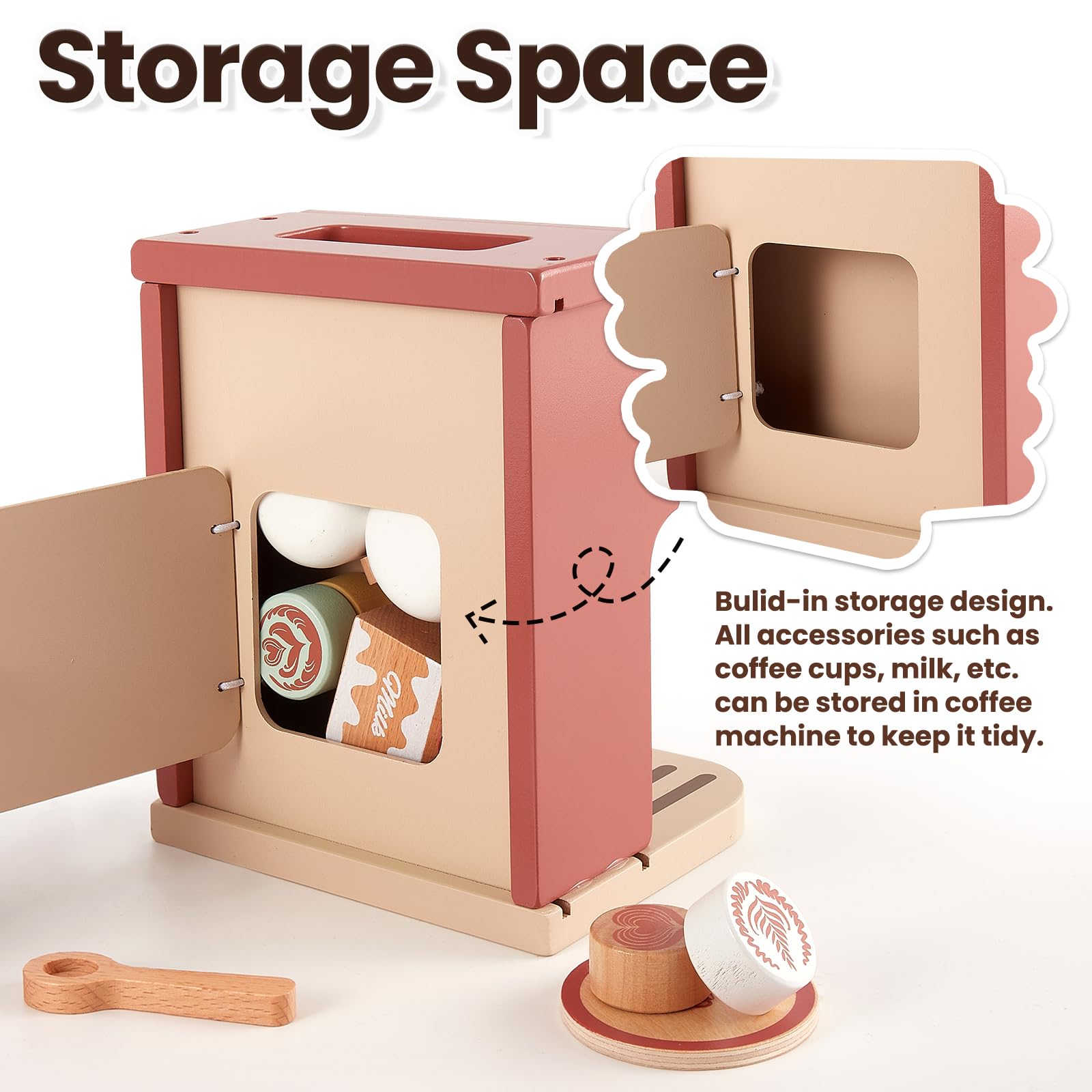 BUYGER Cafetiere Enfant en Bois pour Garçon Fille 3+ Ans, Accessoire Dinettes Cuisine, Machine à Café Jouet de Cuisine Enfant Cadeau de Jeu de Rôle Éducatif pour Garcon Fille