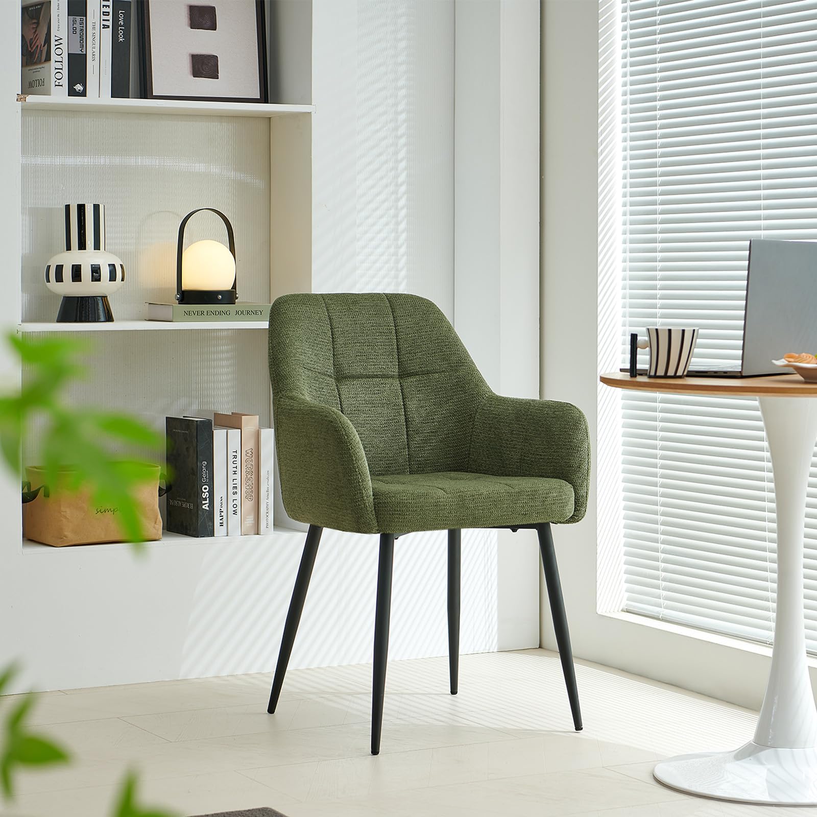 Colorig Modern Green Dining Chairs Set of 1, Ergonomic Armchairs with Cross Metal Legs, Plush Chenille Fabric Upholstered Seat Living Room Chairs for Reception Kitchen Bedroom (1, Green)