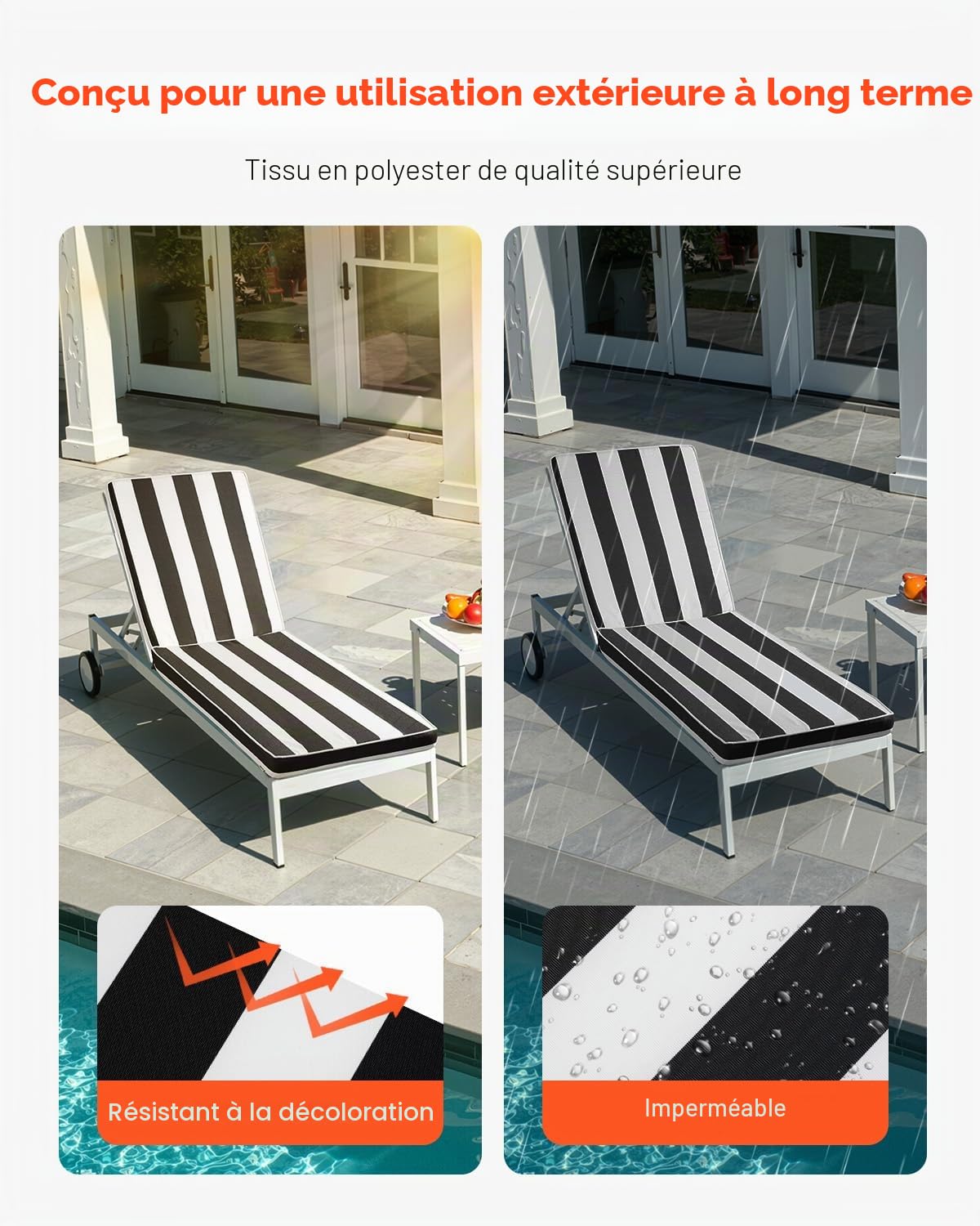 VEVOR Coussin de Bain de Soleil, 189 x 56 cm, Coussin de Chaise Longue Jardin, Lot de 2, Imperméable Épais Résistant Décoloration, avec Attaches, pour Terrasse, Patio, Bord Piscine, Rayure Noir Blanc