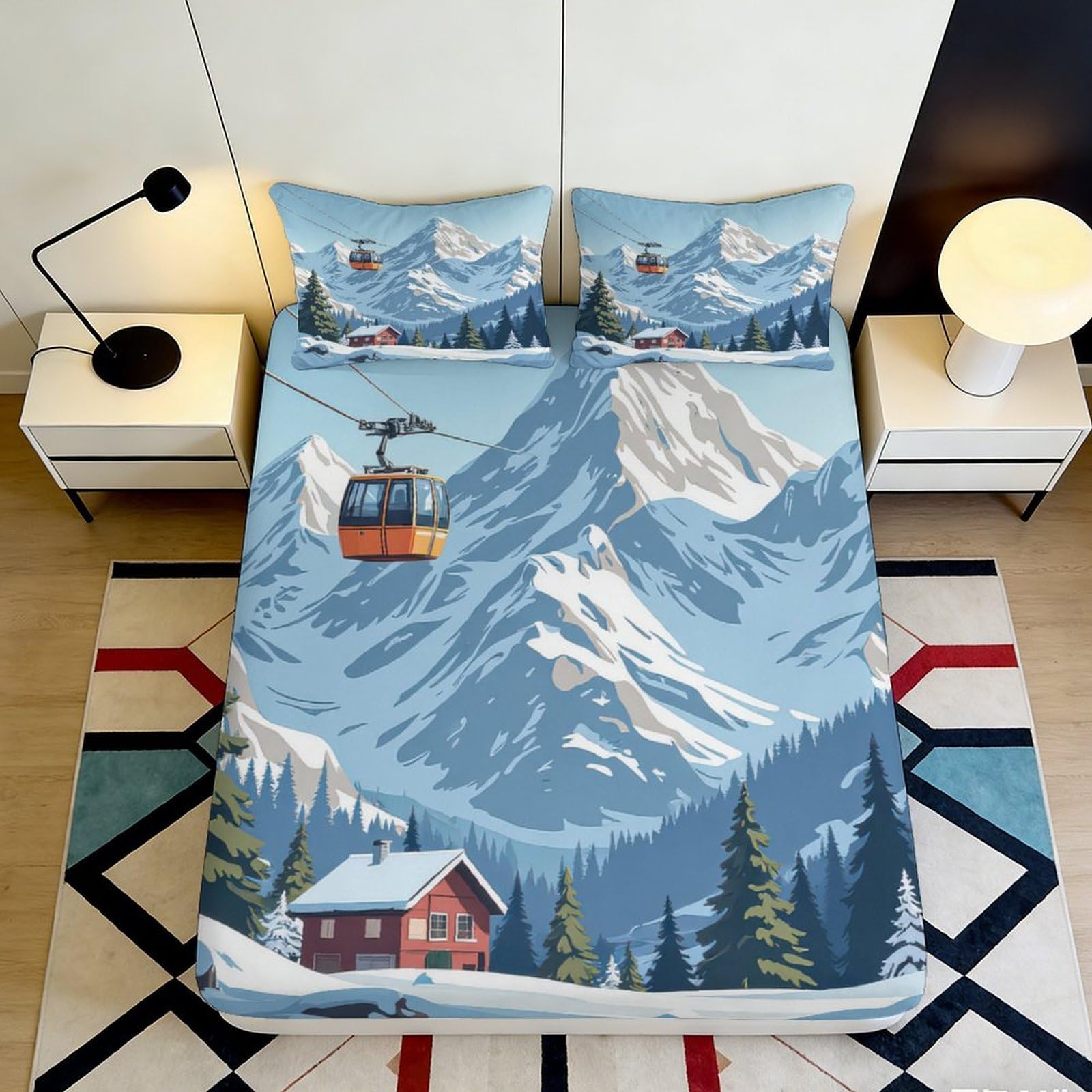 Pnayamiorkfel Style-1 3D Printed Mountain Cable Car Fitted Sheet Microfiber Scenic Snow Landscape Bed Cover For Bedroom Guest Room 90X200x25cm