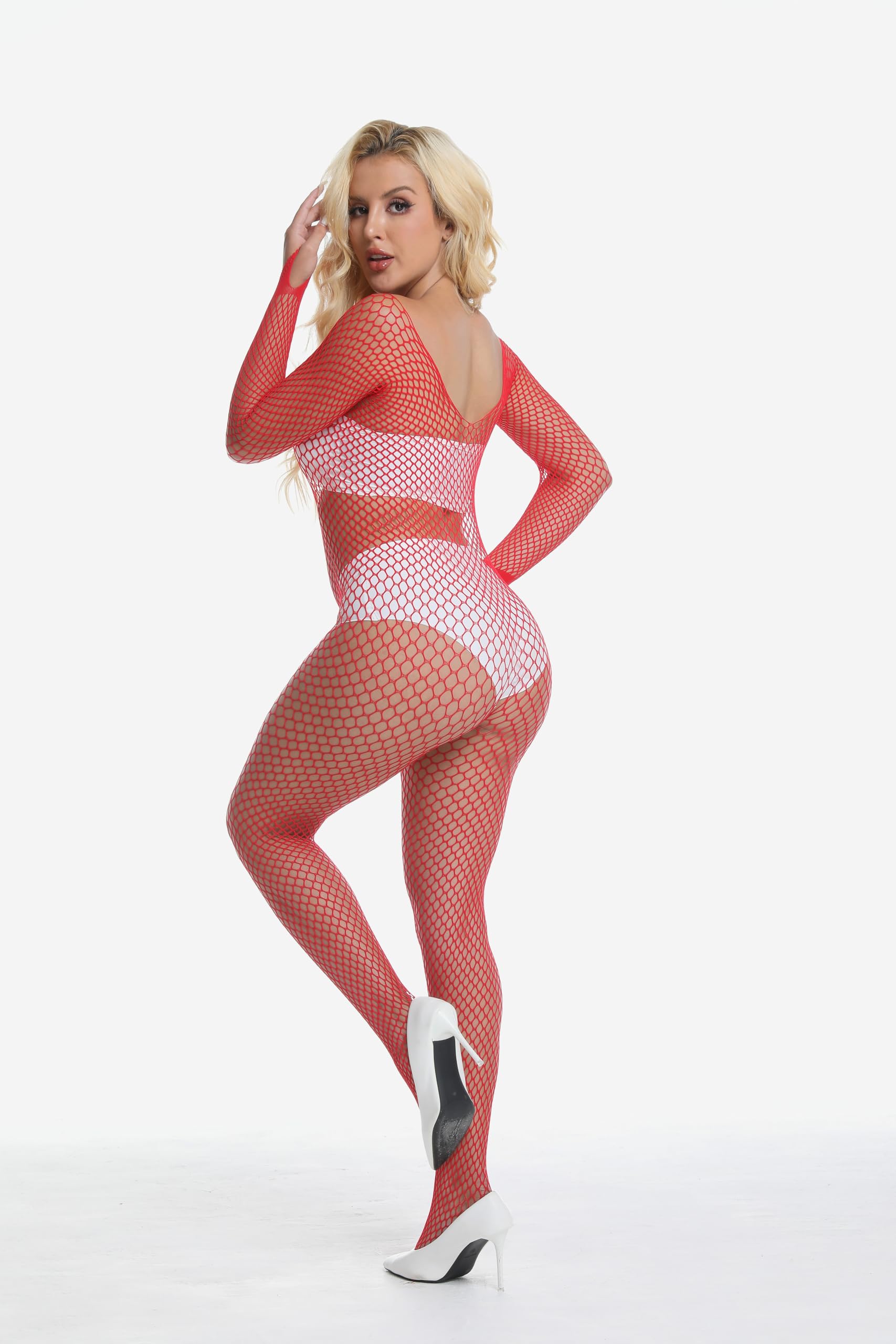 Amashion Women Fishnet Bodysuit Mesh Elastic One Piece Bodystockings Teddy Lingerie for sexy (Green, onesize): One Size Red
