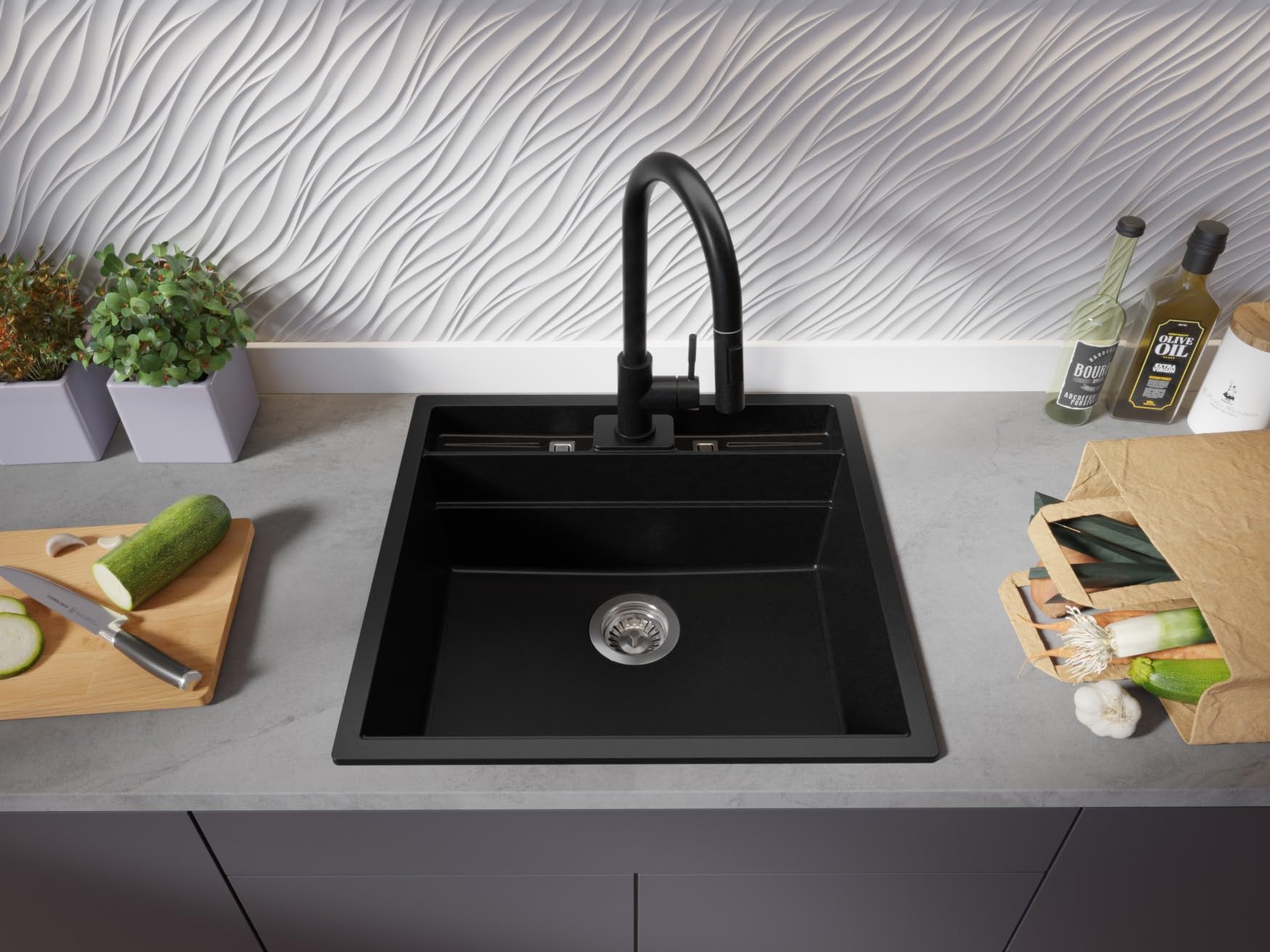 PRIMAGRAN Evier Cuisine en Granit au Meuble 60cm + Robinet, 56x54cm