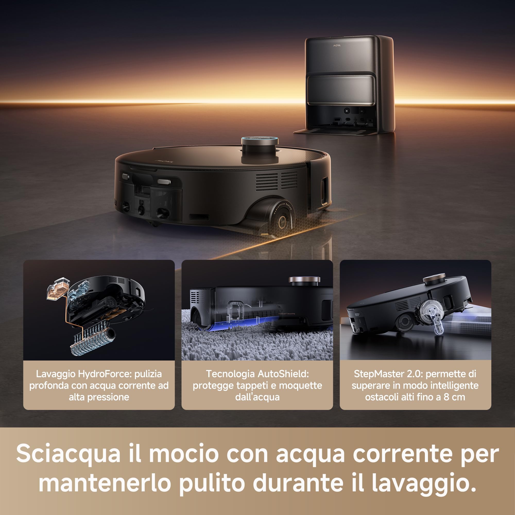 Mova Z60 Ultra Roller Complete Robot Aspirapolvere e Lavapavimenti, 28 kPa, Dotato di Lavaggio HydroForce, Tecnologia AutoShield, Telaio LiftPro, Sistema StepMaster 2.0, Lavaggio con DuoSolution