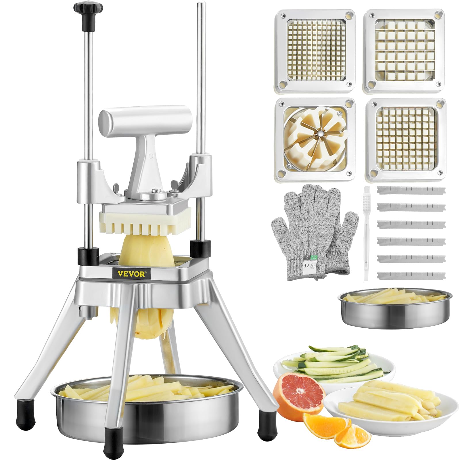 VEVOR Commercial Vegetable Fruit Chopper, Stainless Steel French Fry Cutter w/ 4 Blades 1/4" 3/8" 1/2", Vegetable Chopper Dicer w/Stainless Bowl, Heavy Duty Cutter for Potato Tomato Onion Mushroom