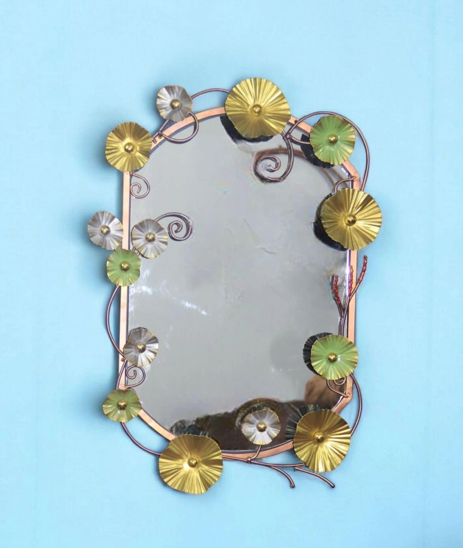 Malik Designs Handcrafted Multicolor Flower & Leaf Capsule Shape Metal Mirror for Home Decor- Decorative Mirror (Designer Finish : Matte)