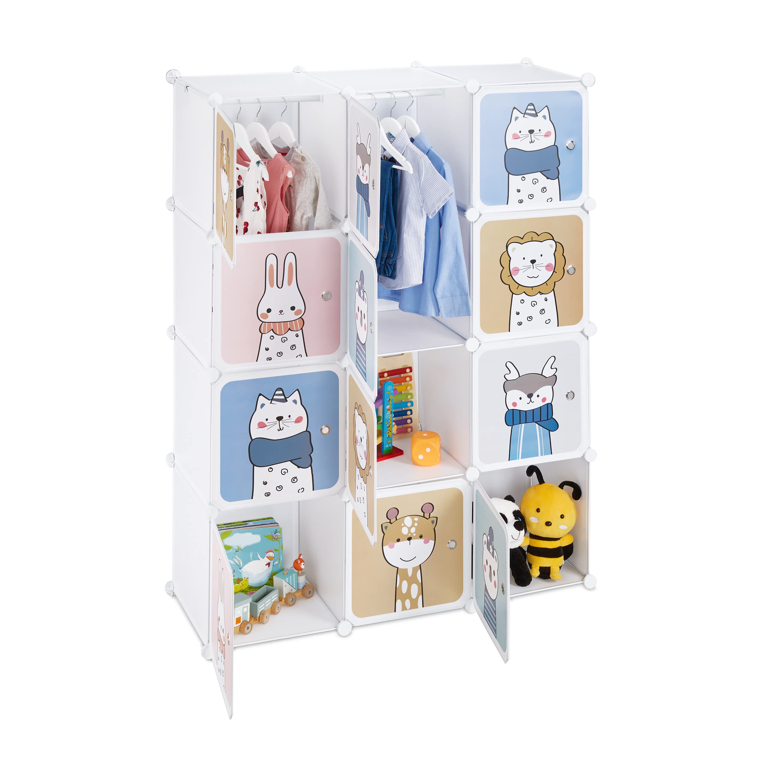 Relaxdays Scaffale Componibile da Cameretta, 2 Aste Appendiabiti, Disegni Animali, HLP: 145x110x37 cm, Incastro, Bianco