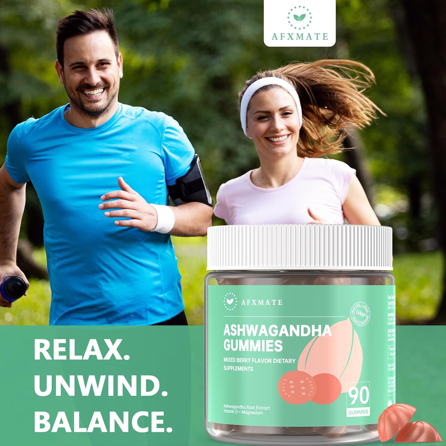 AFXMATE Ashwagandha Gummies for Women Sugar Free, Men's Ashwagandha Supplement Gummy with Vitamin D Magnesium Vegan (90 Counts) - Image 2